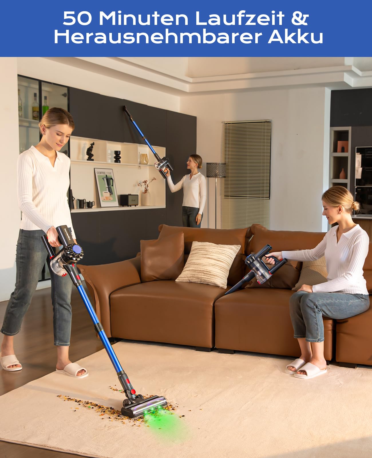 Ivormentico Cordless Vacuum Cleaner 50Mins/40KPA/450W, Battery-Operated Vacuum with Green LED, Cordless Hoover with Upgraded Floor Brush, Vacuum Cleaner Battery for Pet Hair, Blue