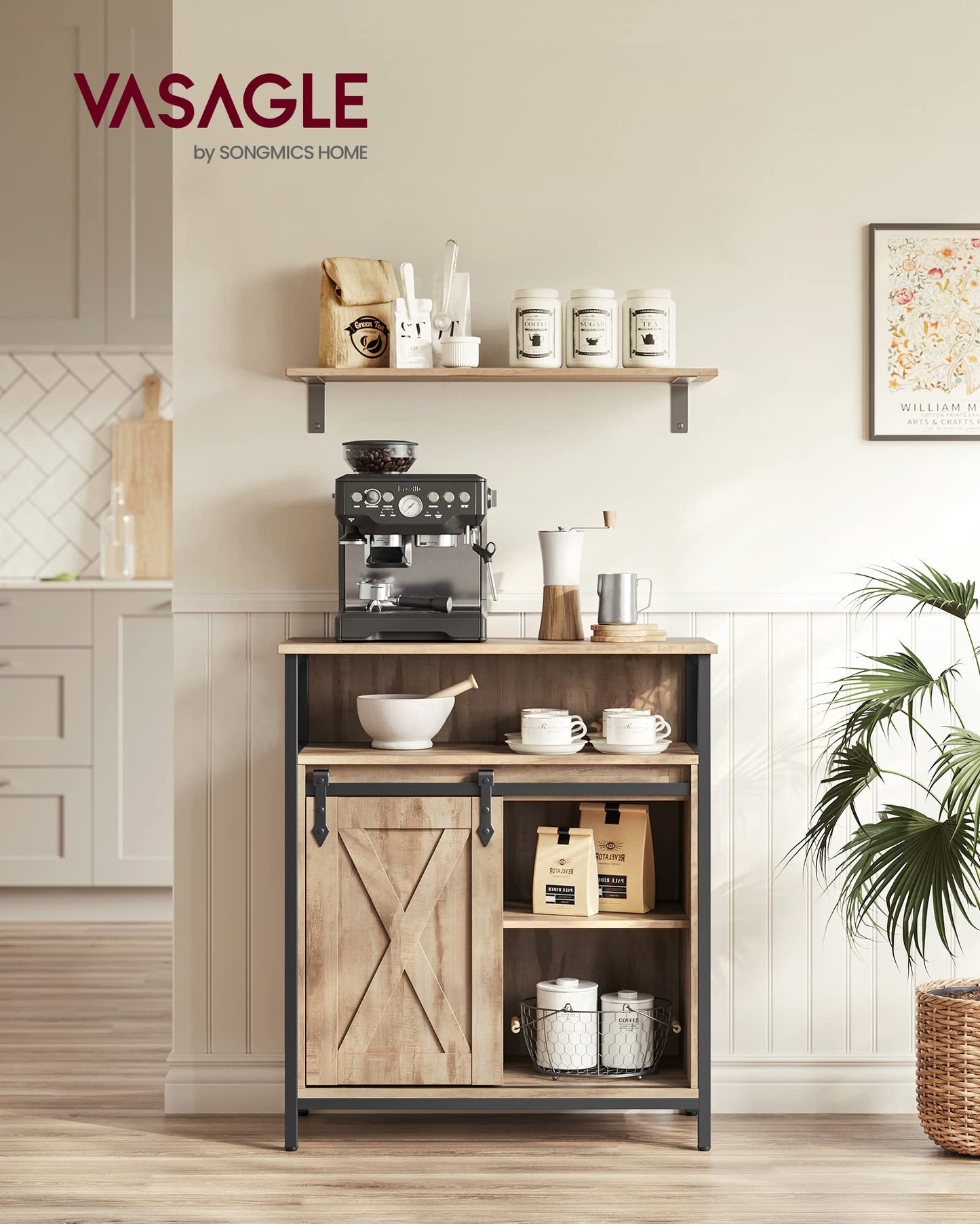 VASAGLE sideboard, kitchen cabinet, storage cabinet, with sliding door, 30 x 70 x 80 cm, adjustable shelf, open compartment, country style, for living room, oak brown-black LSC089B50