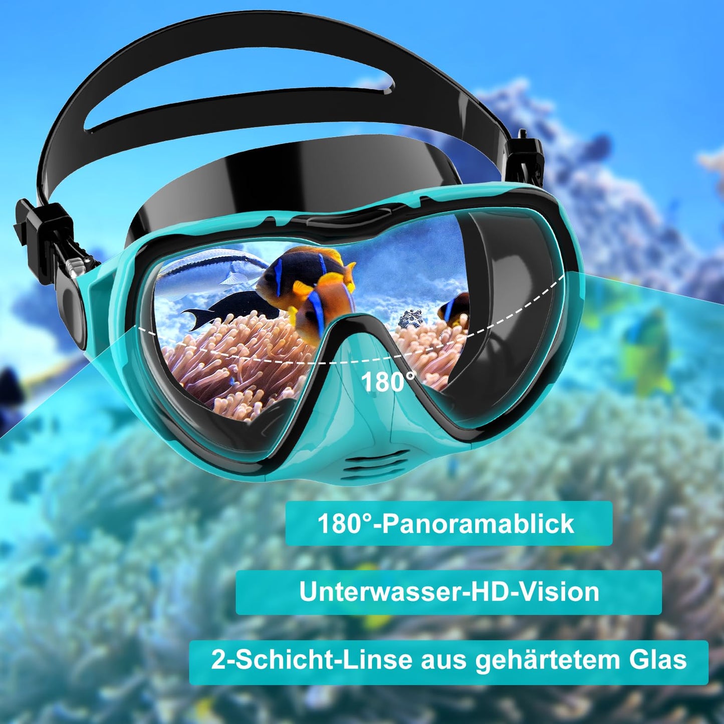 Adult diving mask snorkel mask 180° panoramic view diving mask leak-proof anti-leak swimming goggles for diving (water green-with snorkel)