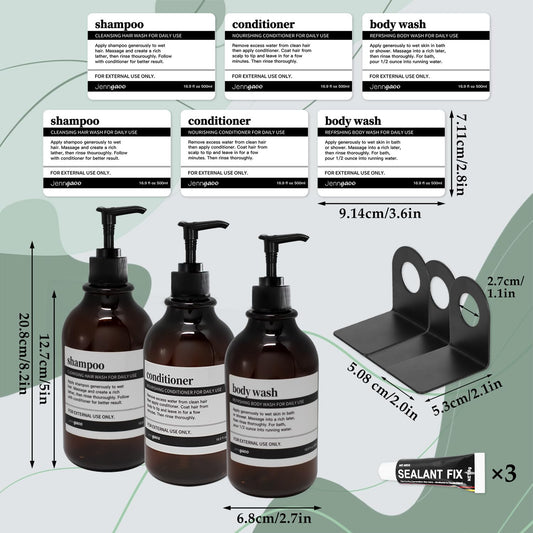 3 pieces Soap Dispenser Wall Mount, 500ml Shampoo Conditioner Body Wash Dispenser with Pump and Waterproof Labels for Kitchen Bathroom (With Stainless Steel Wall Mounts, Amber, No Drilling)