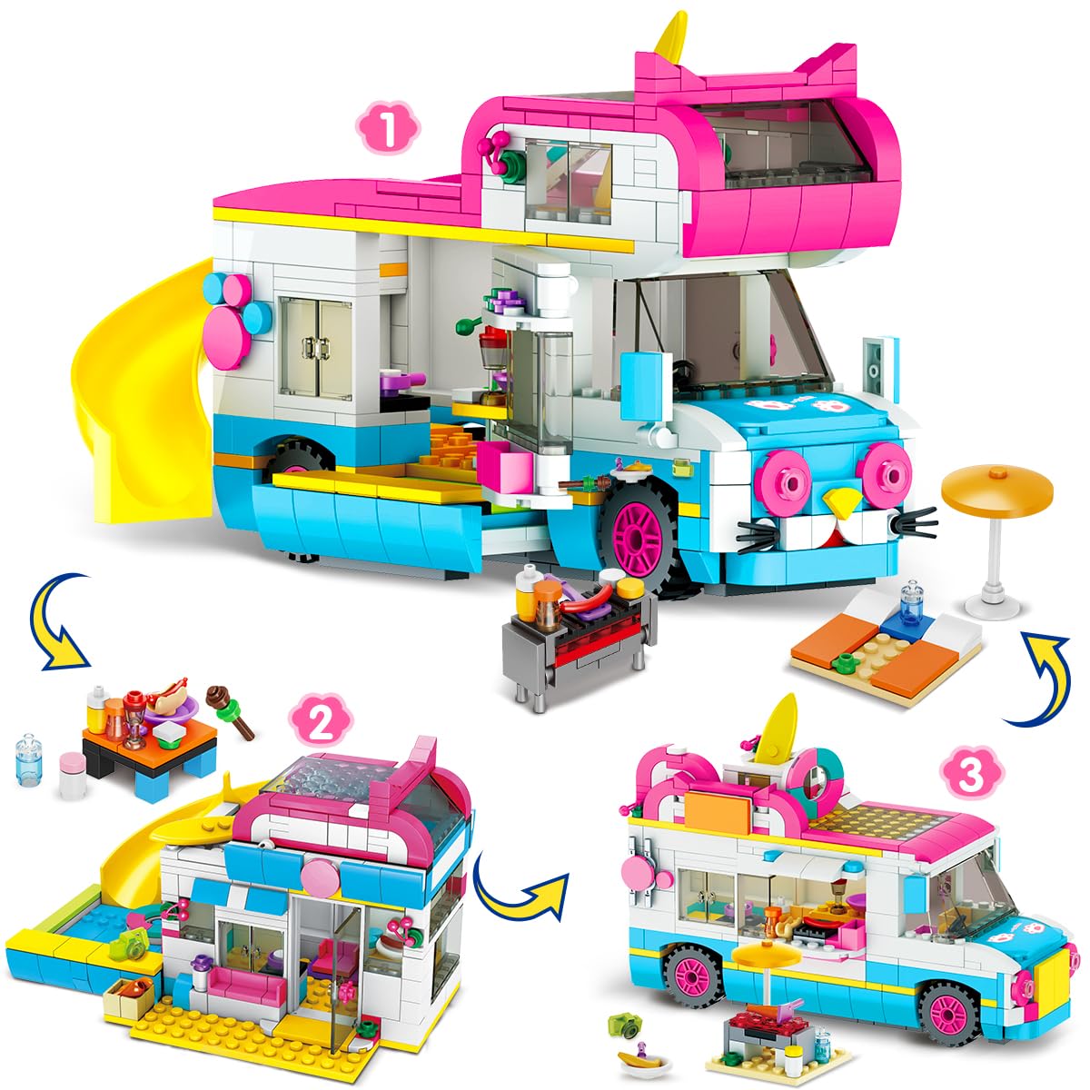 CUBIMANA 3-in-1 camper building blocks toy, RV caravan construction toy with slide and stickers, gifts for kids girls and boys from 6 to 12+ years old (494PCS)