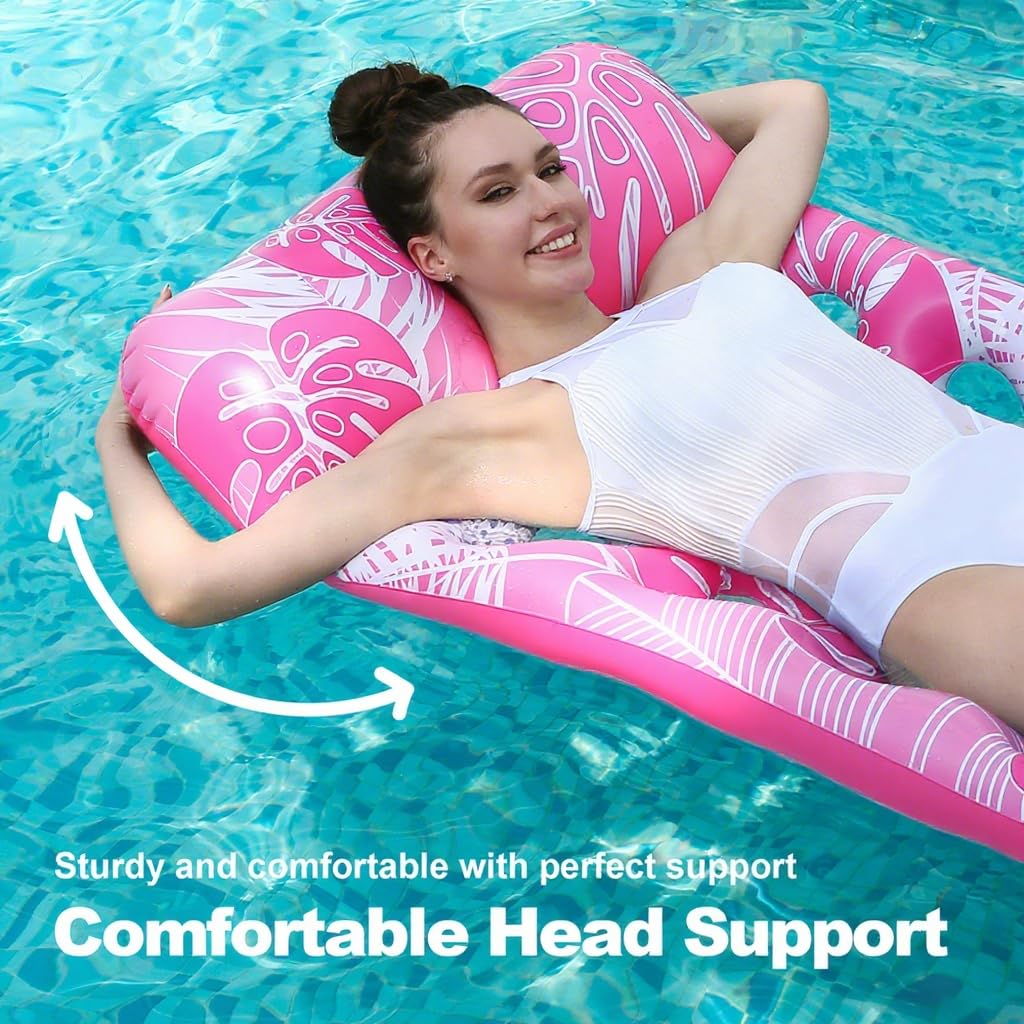 LUSTERMOON Inflatable large pool float for adults, pool chair float and lounger with cup holders for summer, pool, lake, beach, 2 pieces (blue + pink)