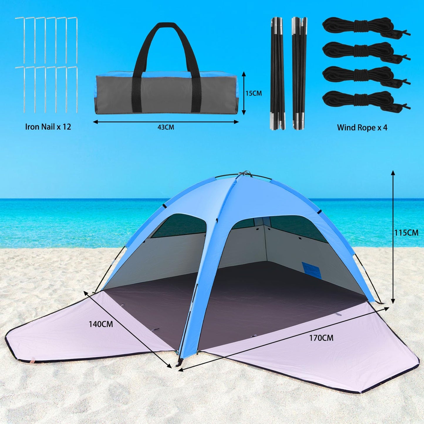 Beach tent for 1-3 people with UV protection 80+, 2 zipper doors, and 2 mesh windows. Family beach shelter with carrying bag for sun protection and shade at the beach.