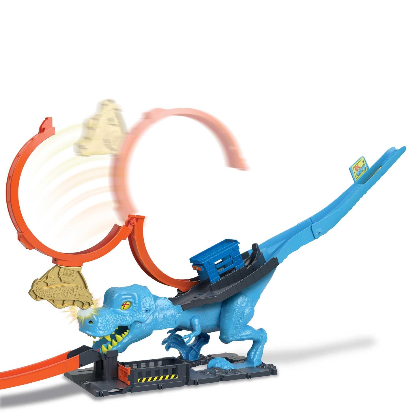 Hot Wheels City T-Rex Attack - Skill through precise timing, police station, loop, dinosaur, cross-eyed, for kids ages 4 and up, HNP77