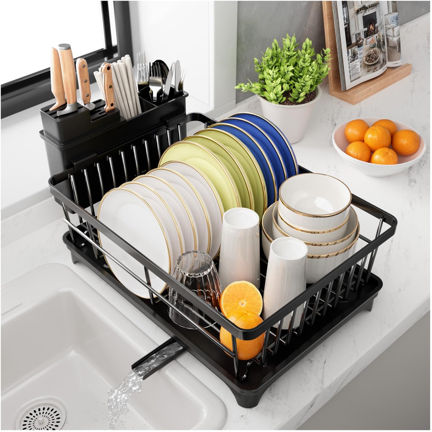 PurKeep Dish Drying Rack - space-saving dish rack for kitchen counter with utensil holder, kitchen dish stand with rotating spout, black.