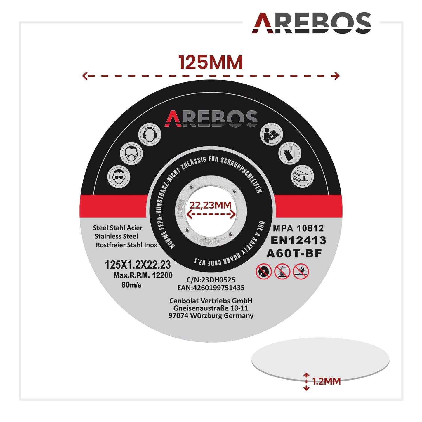 Arebos cutting discs Ø 125 mm, 400 pieces | suitable for steel, stainless steel, inox, iron, sheet metal, metal | Forward and reverse rotation | EN 12413 | certified by the Material Testing Institute (MPA)