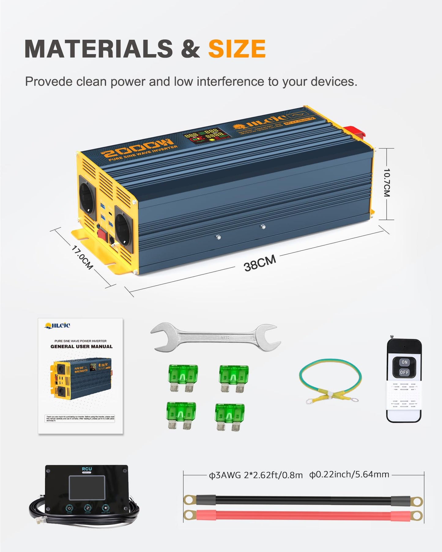 2000 Watt inverter 12V to 230V Pure sine wave power inverter with LCD display 1 Type-C PD60W 3 USB-A QC3.0 fast charging ports 2 EU outlets 2 remote controls for solar system camper truck car