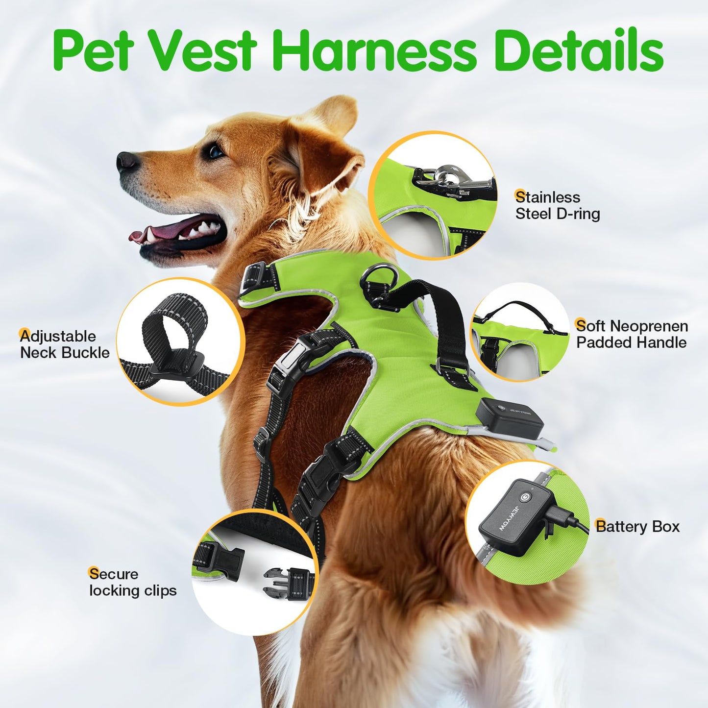 Jewyow Dog Harness Glowing, Rechargeable LED Dog Harness, LED Harness for Dogs with Soft Handle, 3 Adjustable Modes, Waterproof for Medium, Large Dogs, Green-XL