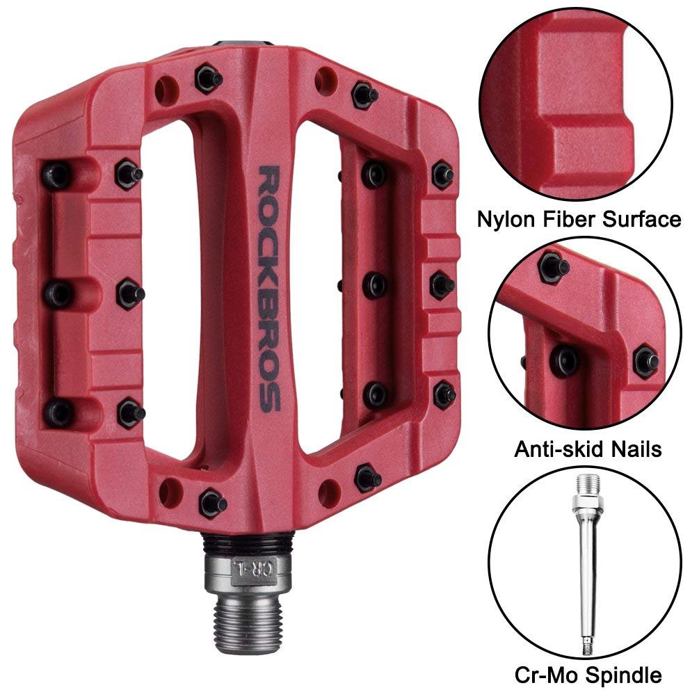 ROCKBROS Bike Pedals MTB Flat Pedals, non-slip platform pedals with stainless steel pins, ball bearings & graphite DU, Durable nylon, 9/16 inch pedals for mountain bike, trekking, city bike