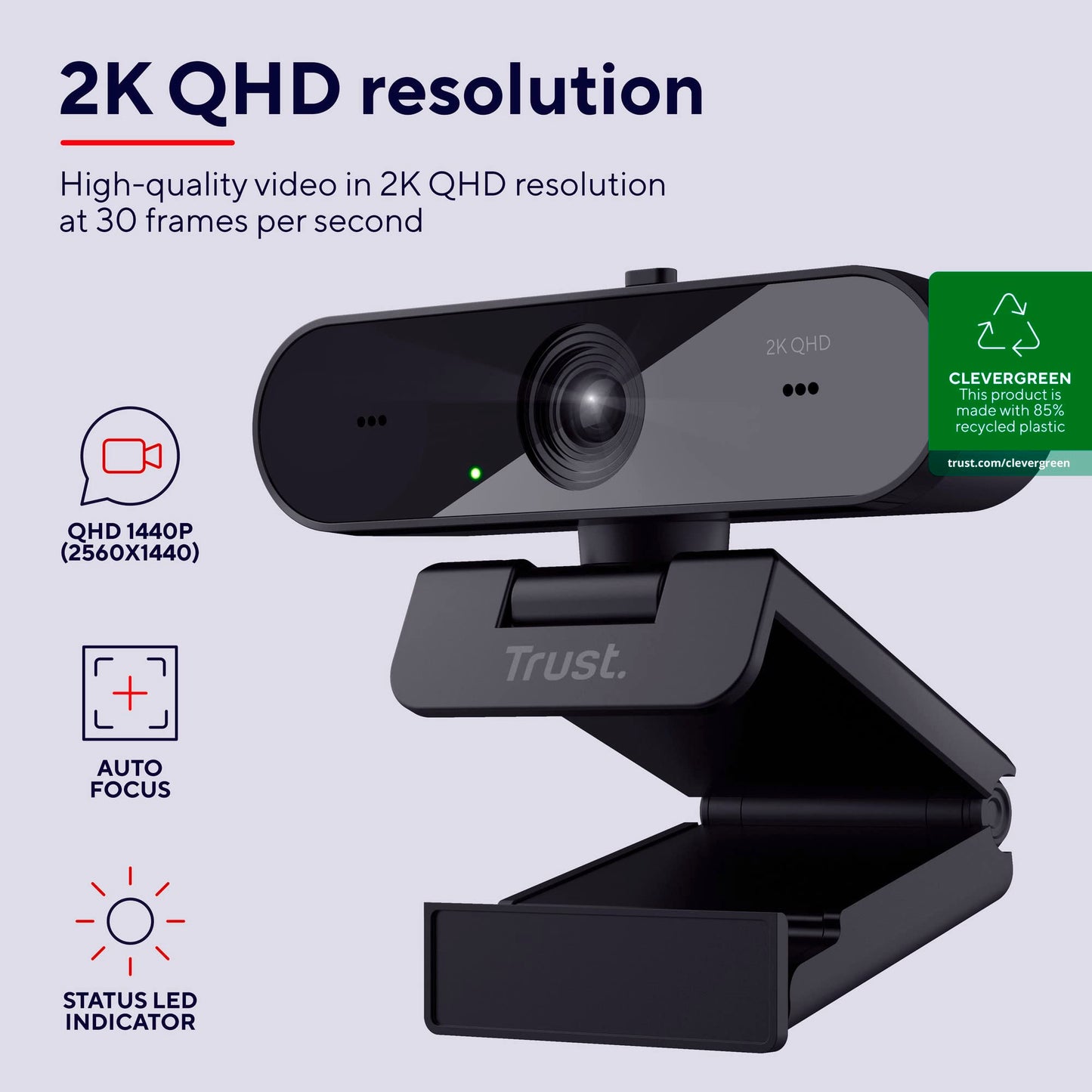 Trust Taxon 2K QHD Webcam made of 85% recycled plastic, 2560x1440p USB camera for PC with cover, autofocus, wide angle, 2 microphones, video camera for conferences, video calls, Skype, Teams, Zoom