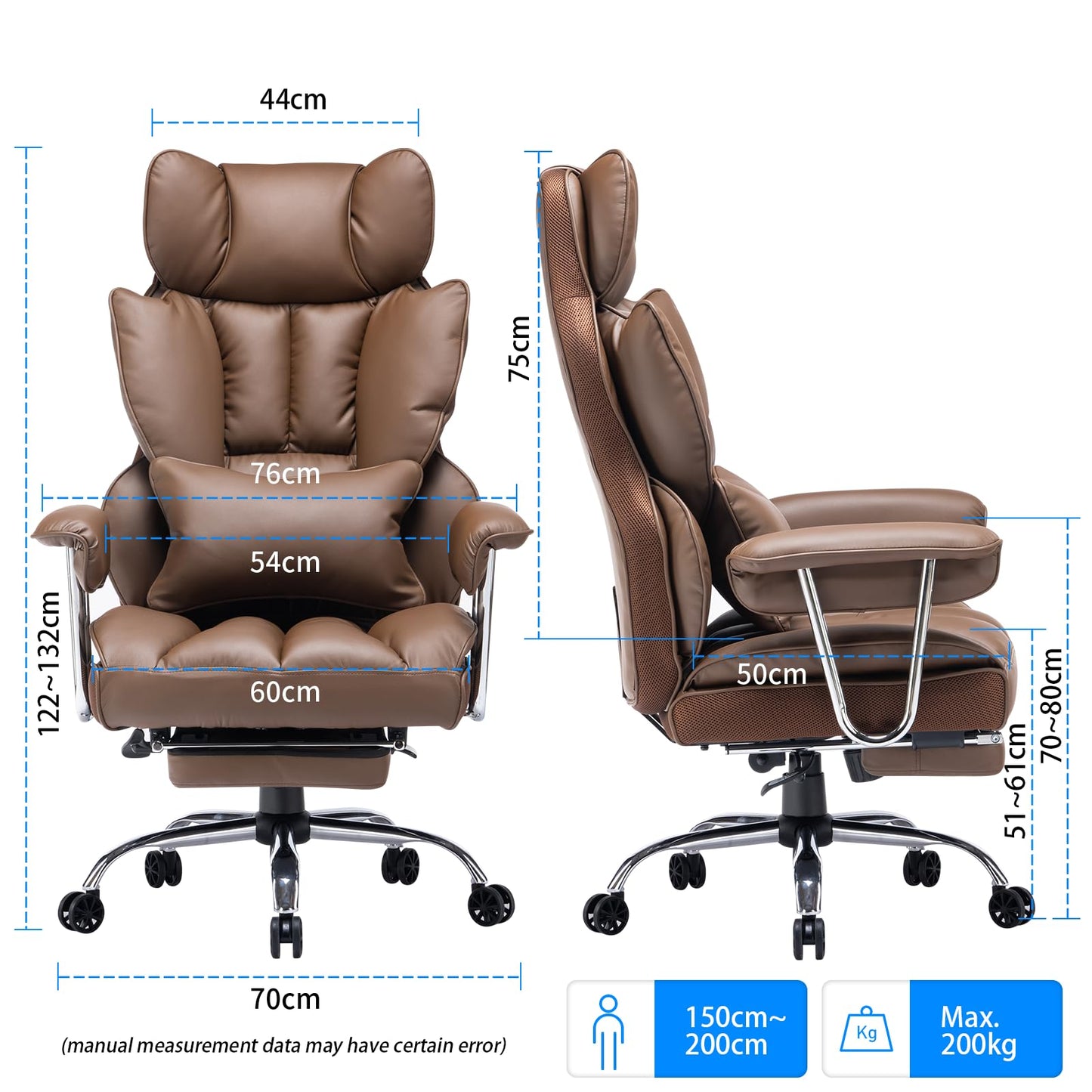 Efomao office chair ergonomic, PU leather executive chair, office chair 200 kg with footrest and lumbar support, Adjustable high-back chair, Brown.