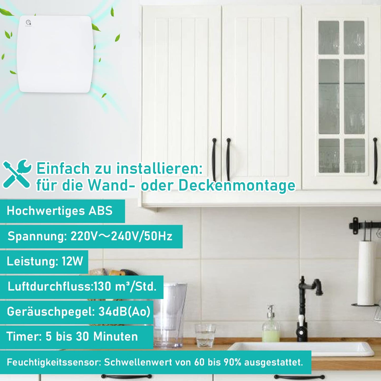 Ikodom bathroom fan 100mm with humidity sensor and backdraft damper timer, ceiling and wall mounted exhaust fan for kitchen, attic and basement, quiet, white.