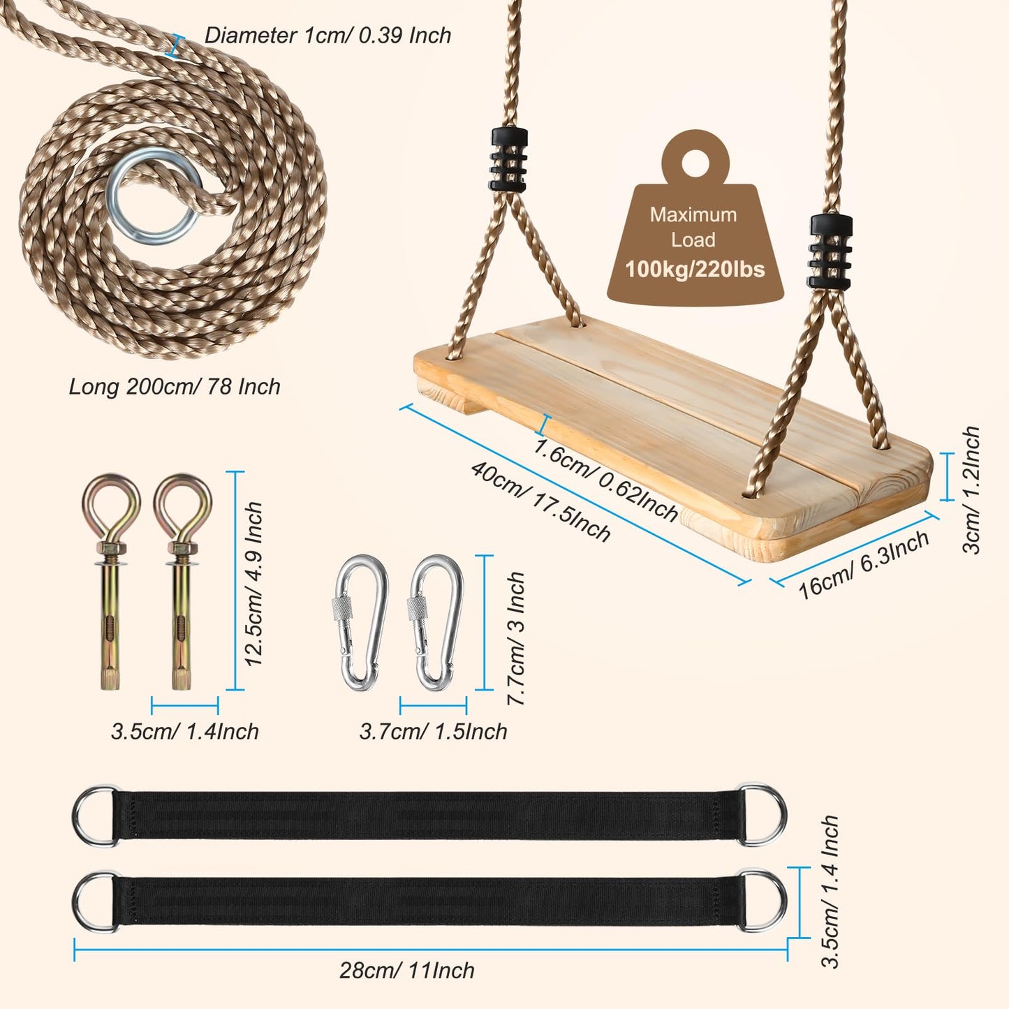 EXTFANS Wooden Swing Outdoor/Indoor | Stable family corner up to 160kg with adjustable ropes | Safe swing seat for kids & adults (40x16x3cm) | For garden, patio, balcony