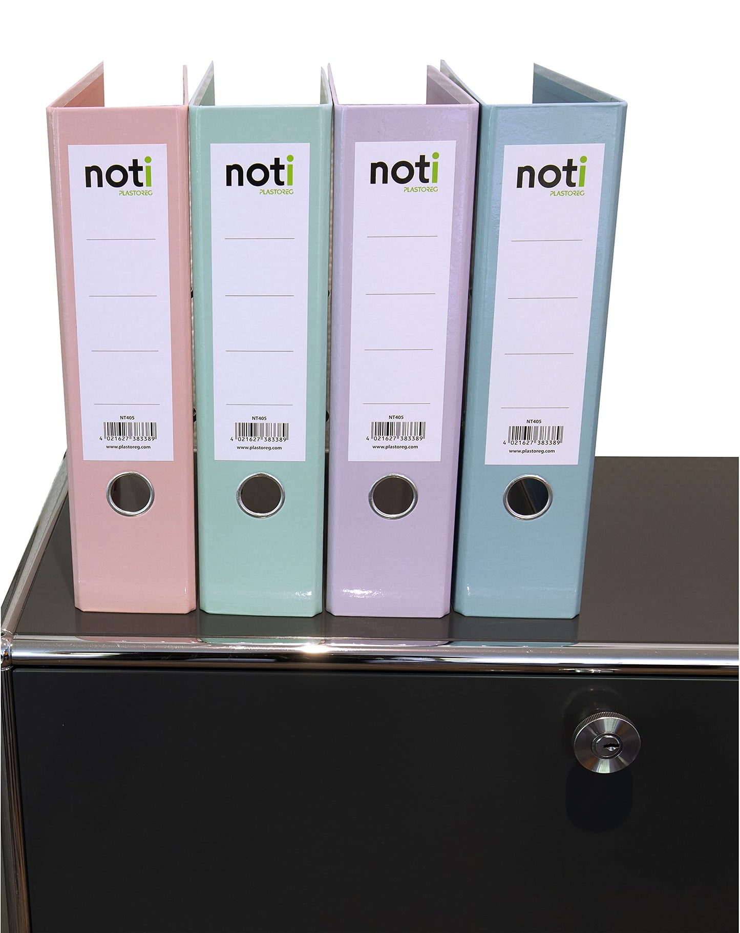 4-pack premium color folders in pastel colors - high gloss laminated in green, blue, purple, pink - 80mm wide for A4 with patented extra strong 85mm mechanism
