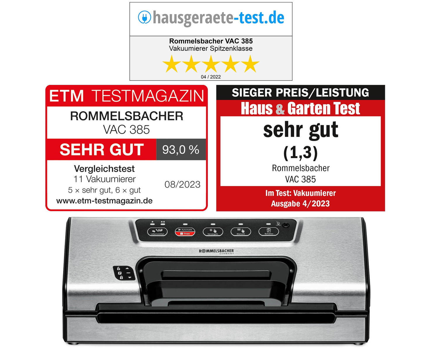 ROMMELSBACHER vacuum sealer VAC 385, 12 liters/minute, one-hand operation, roll storage, strong sealing seam, hose connection for containers, automatic & manual vacuuming and sealing, stainless steel