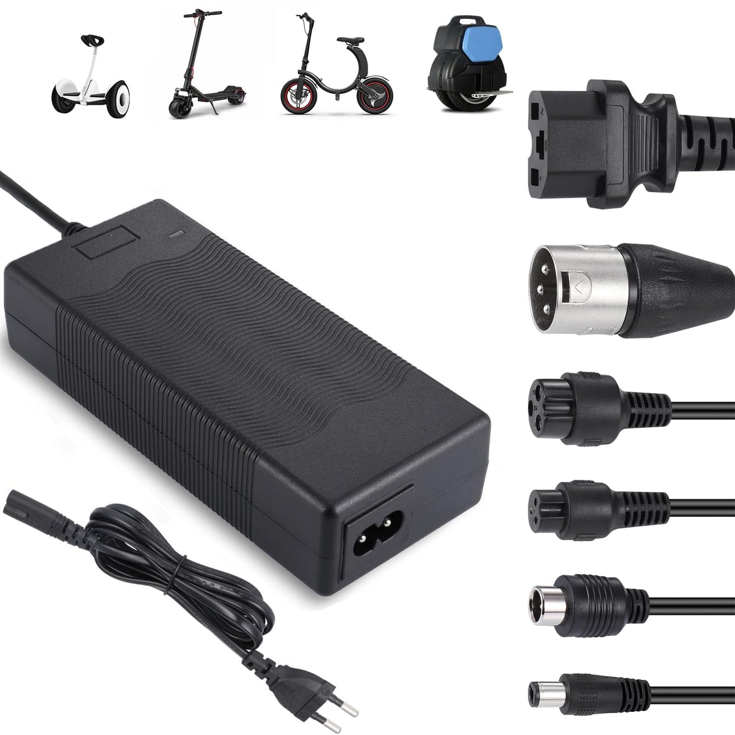 JIZZU Charger for Scooter, E Scooter Charger, 36 Volt 42V 2A AC Power Supply Bike, Hoverboard Charging Cable with 6 Connectors, Hoverboard Battery Electric Scooter Charger for Electric Scooter.