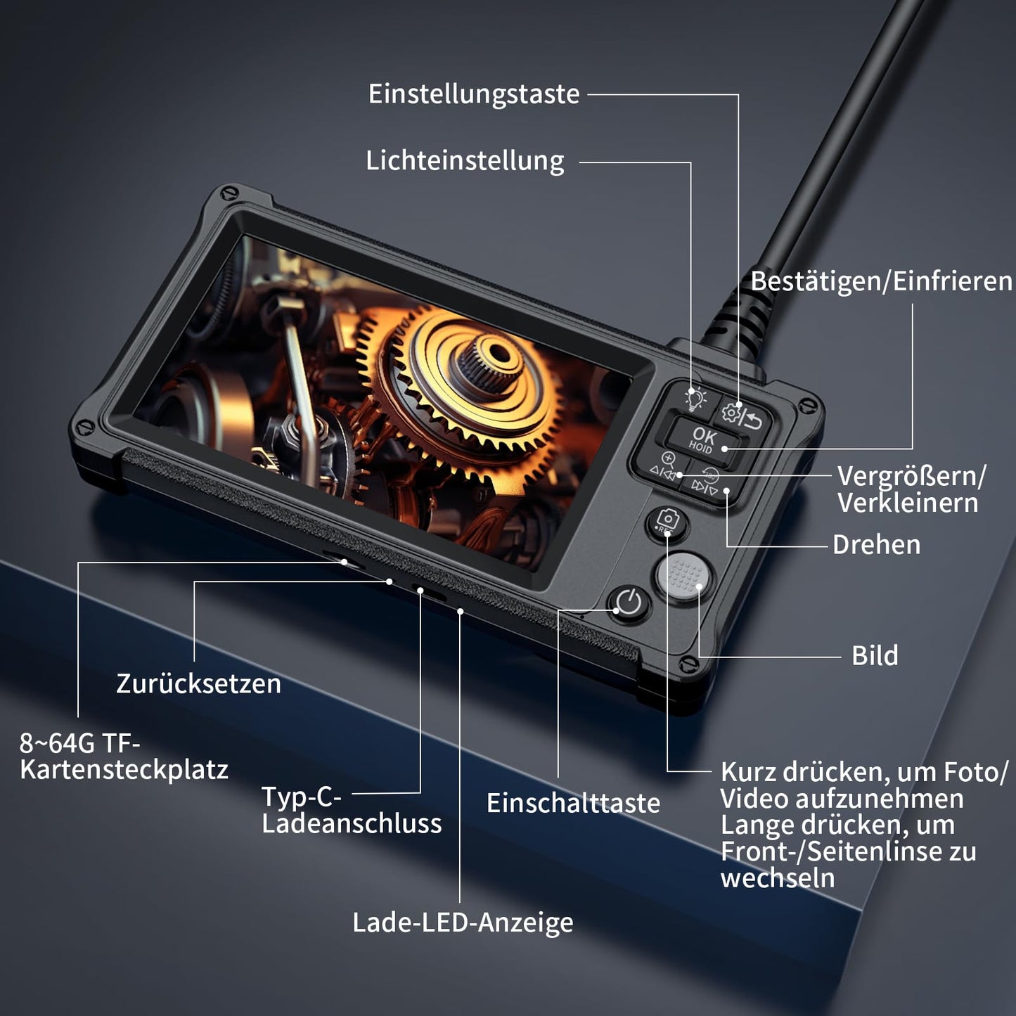 Endoscope camera with light, Ennovor 1920P HD dual lens endoscope camera, 5.0 inch IPS endoscope camera for mobile phone, IP67 waterproof 8mm endoscope camera with 8+1 adjustable LED lights-5m