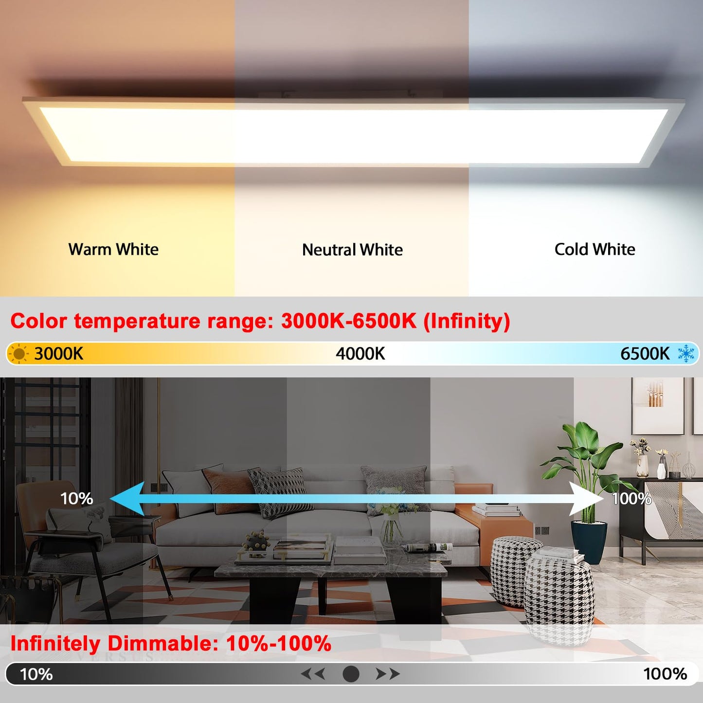 IEGLED LED ceiling light panel, 100x25cm flat dimmable ceiling lamp with remote control, 30W ceiling panel light with memory function, 2700K-6500K LED light panel for living room, hallway, bedroom, White