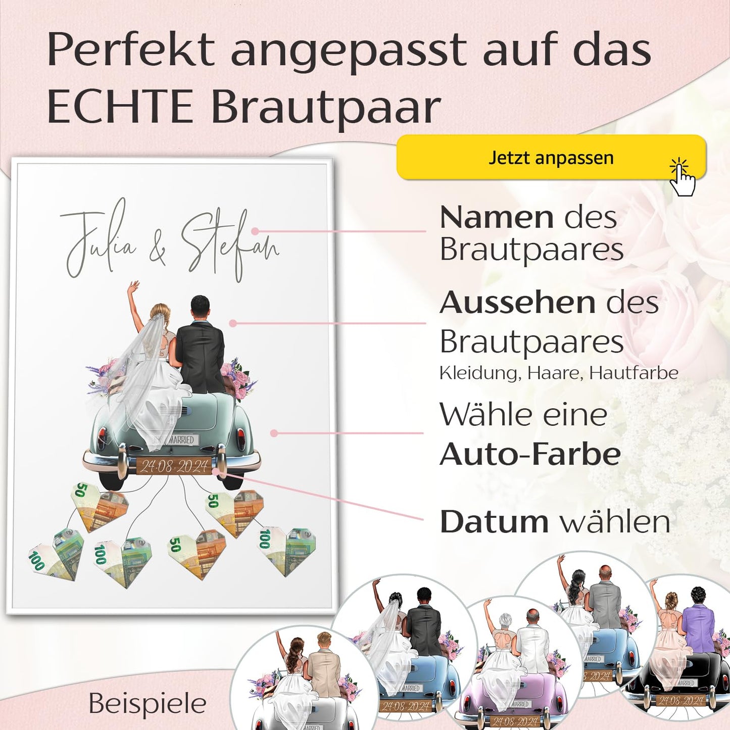 Paper Forge® Customized money gift wedding | COUPLE IS CUSTOMIZABLE | DIY wedding gifts for the bride and groom | A2 poster with frame wedding car money gift picture "Old Car"
