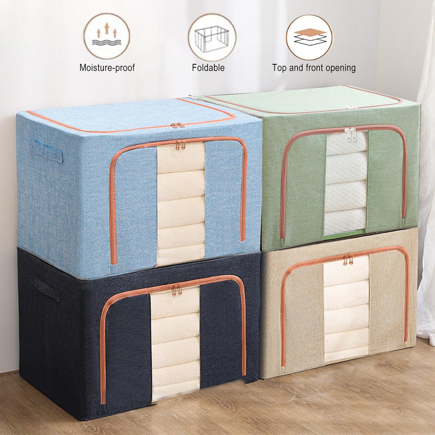 Mehrido Foldable Clothes Storage with Zipper, Metal Frame - 2 pcs 66L Stackable Clothes Bins - Storage Bag for Clothing Bedding Blankets Comforters (50x40x33 cm) (green)