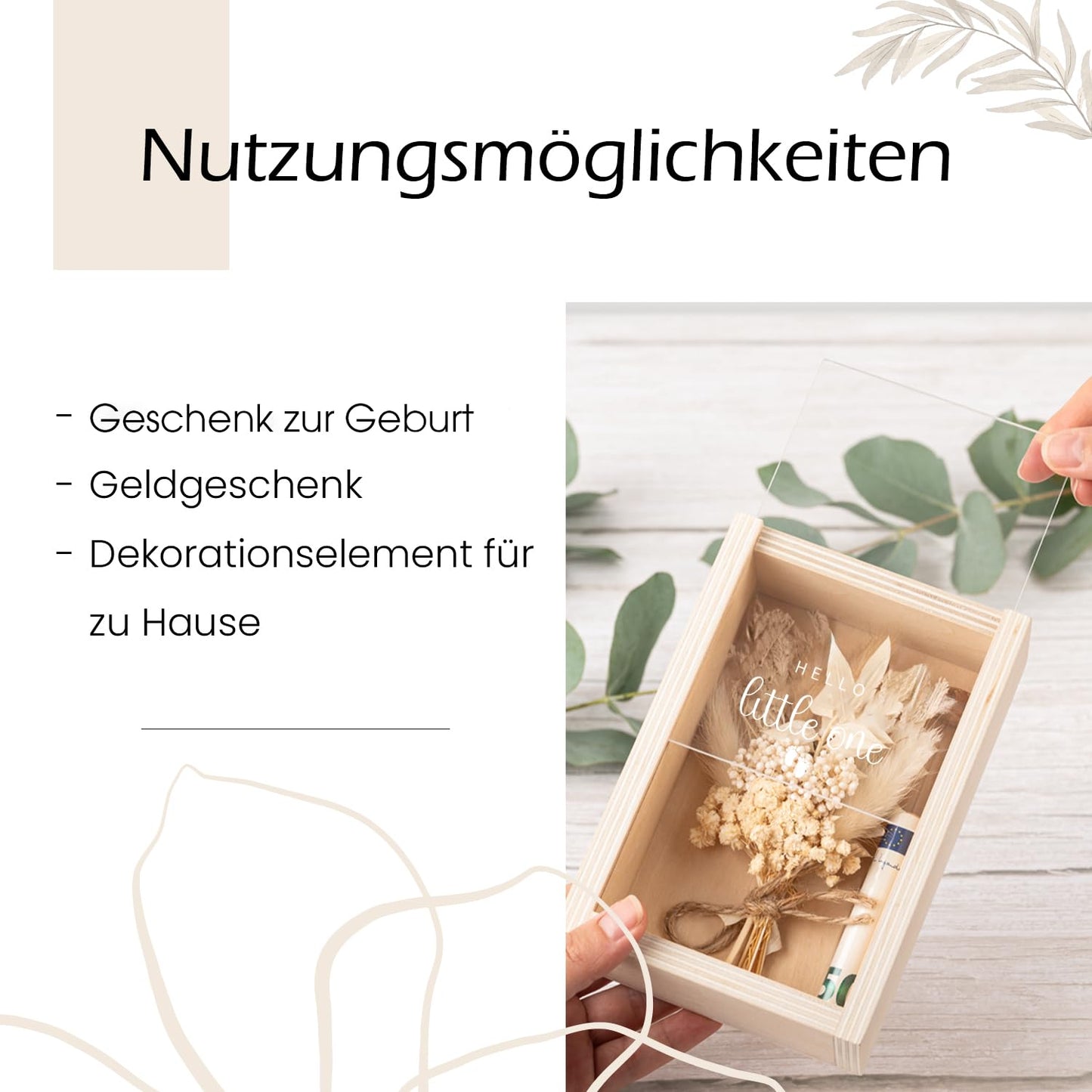 Buy by Brothers money box, money gift box, money gift, Hello Little One, baby boy/girl birth gift, wooden box+dried flowers+test tube, muted green, rusty orange, tan.