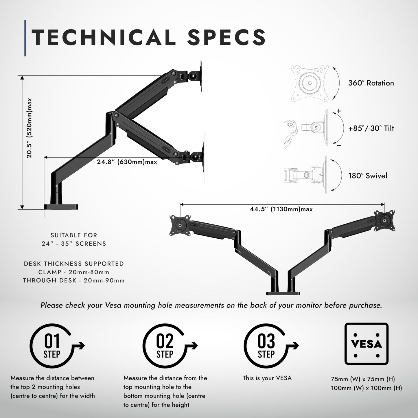 Invision dual monitor mount for 24-35 inch screens VESA 75mm & 100mm Adjustable height Tilt Swivel & Rotate Ergonomic Gas spring desktop clamp mount Supports 2kg-15kg (MX900)