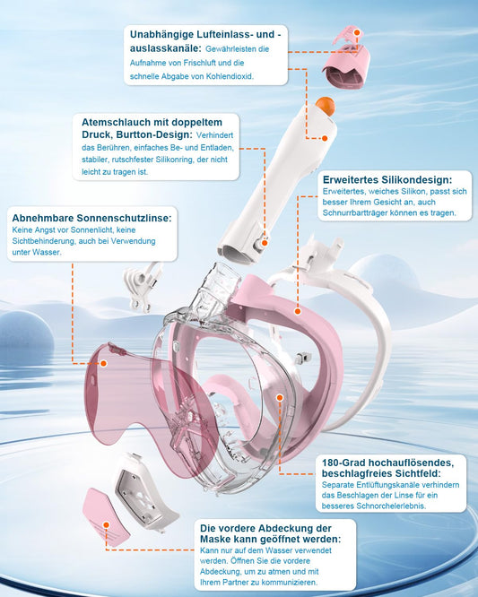 Adult snorkel mask, diving equipment for men with fish gill design. Compatible with sports cameras, foldable sunglasses, 180-degree view. Includes glasses holder. (M-Pink)