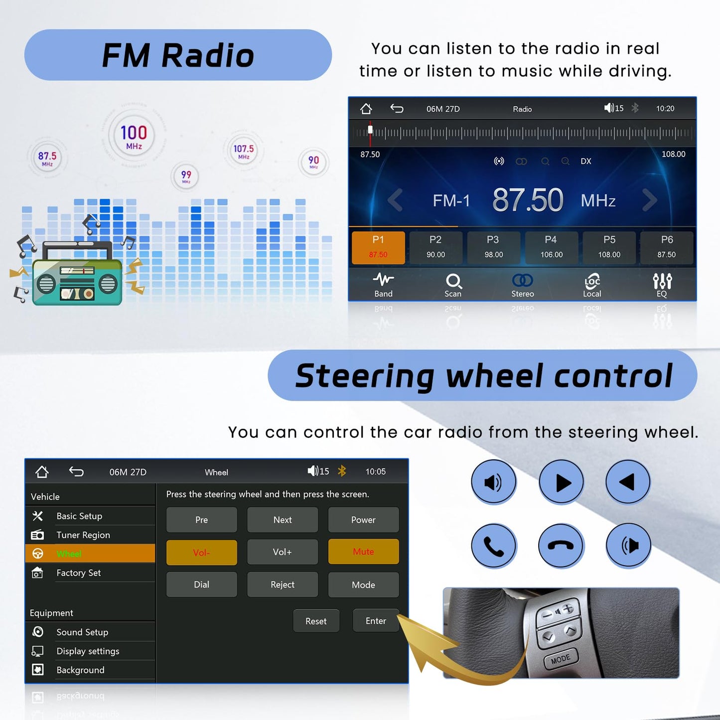 Hikity 1-Din car stereo, CarPlay Android Auto Wireless, 5" touchscreen radio, Bluetooth with reverse camera, FM radio, EQ, SWC, USB Type-C, Mirror Link.