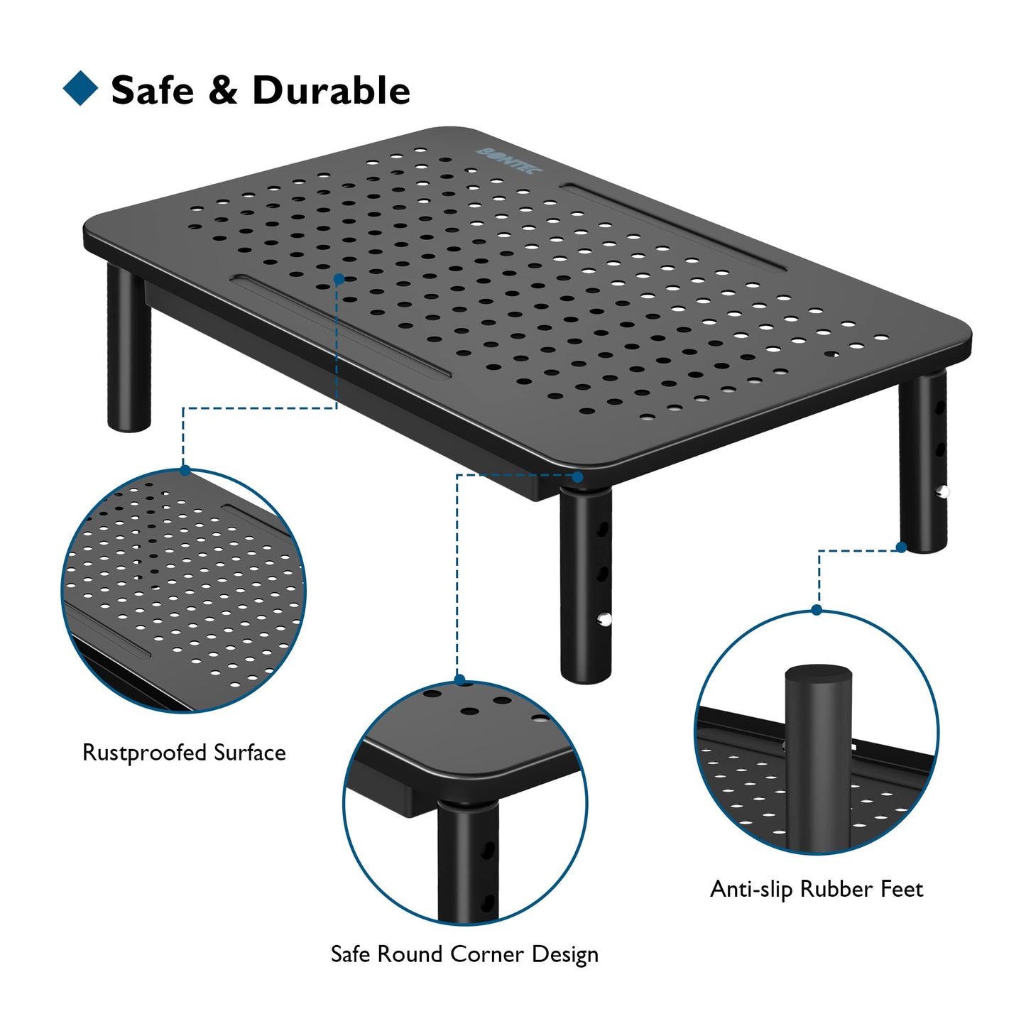 BONTEC Monitor Stand with Drawer, 3 Height Adjustable Monitor Riser for Desk with Mesh Platform for Monitor, Laptop, Computer, iMac, Printer up to 20 kg, Cable Ties Included