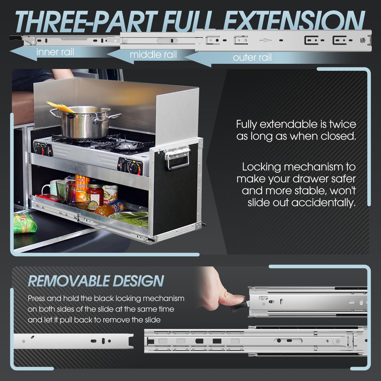 SHUHANG Heavy Duty Drawer Slides Full Extension 750mm with Lock, Ball Bearing Capacity 68 KG, Side Mount, 1 Pair (2 Pieces)