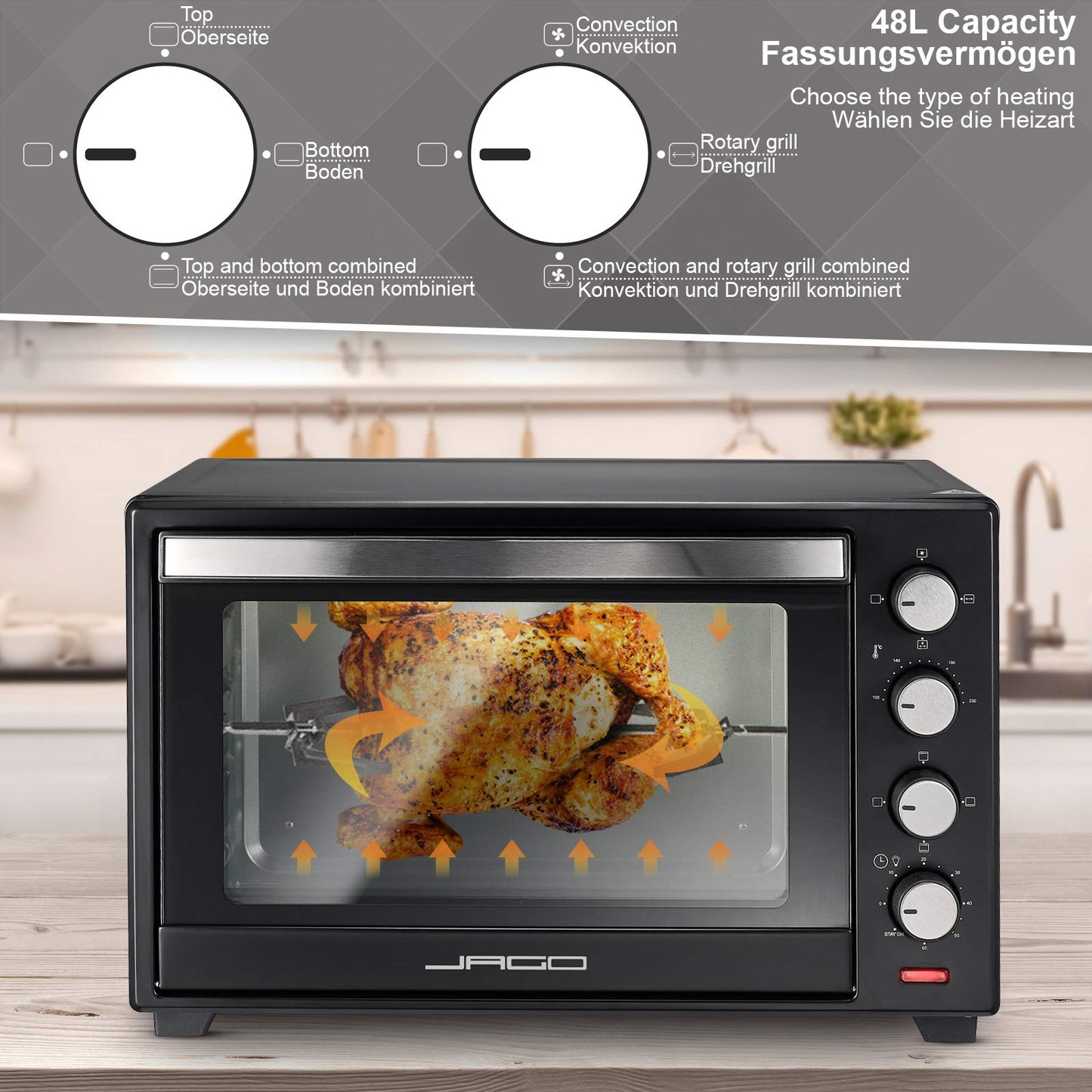 Jago® Mini Oven - with convection, rotisserie, interior light, Electric, 48L, 6 cooking modes, 2000W, Timer, 100-230 °, double glazing, Black - Mini Oven, Mini Electric Oven, Oven, Grill-Oven