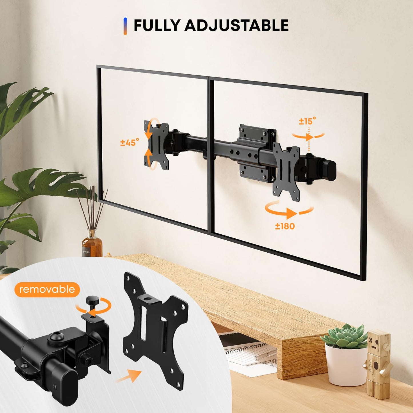 Dual Monitor Mount Adapter for Monitor 13-27 inches, Dual Monitor Adapter for Monitor Mount Arms for Computer Monitors, Max. 10kg, VESA 75x75/100x100mm