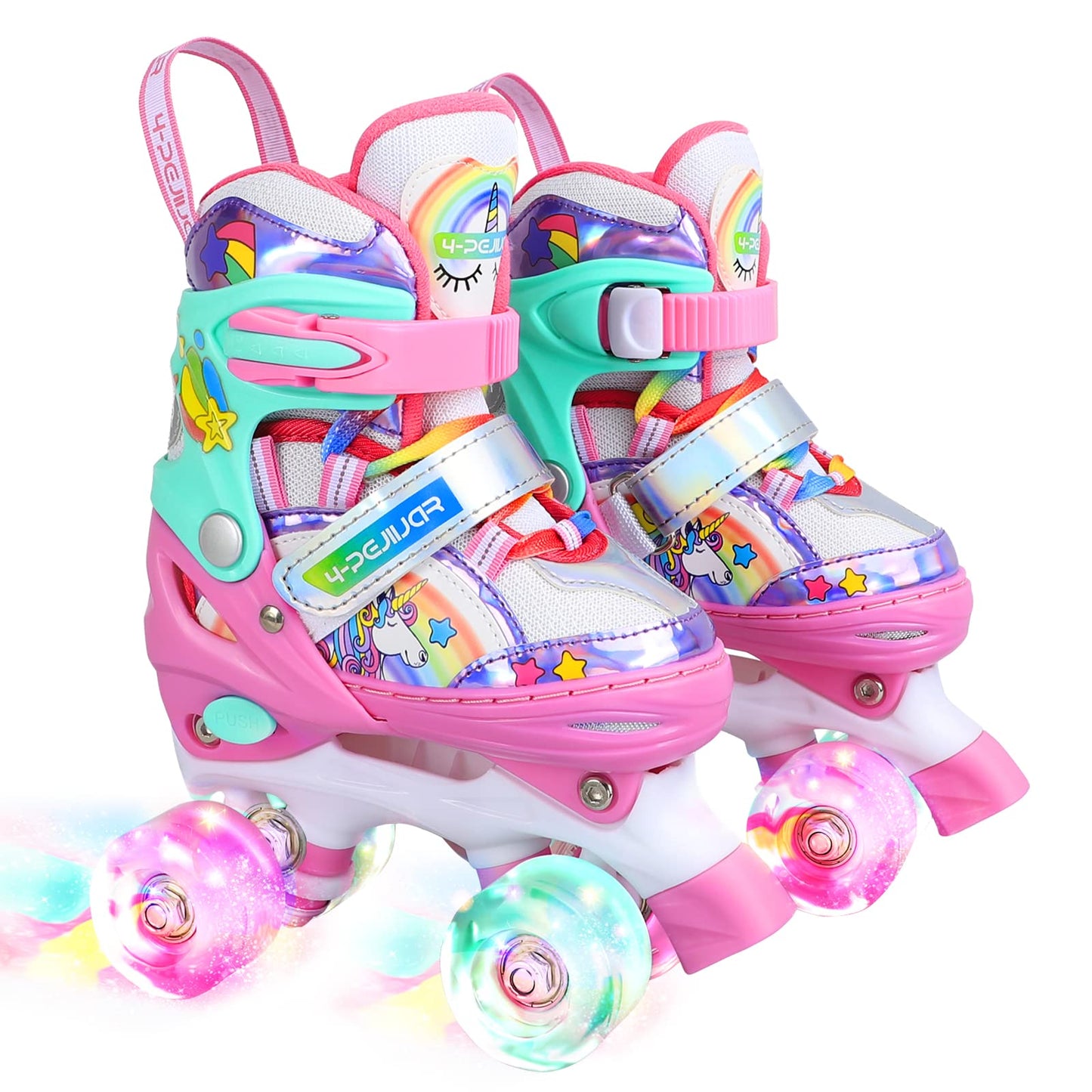 Children's unicorn roller skates for girls. Suitable for ages 6-12. With glowing wheels, 4-wheel adjustable beginner quad roller skates for Christmas and birthday gifts.