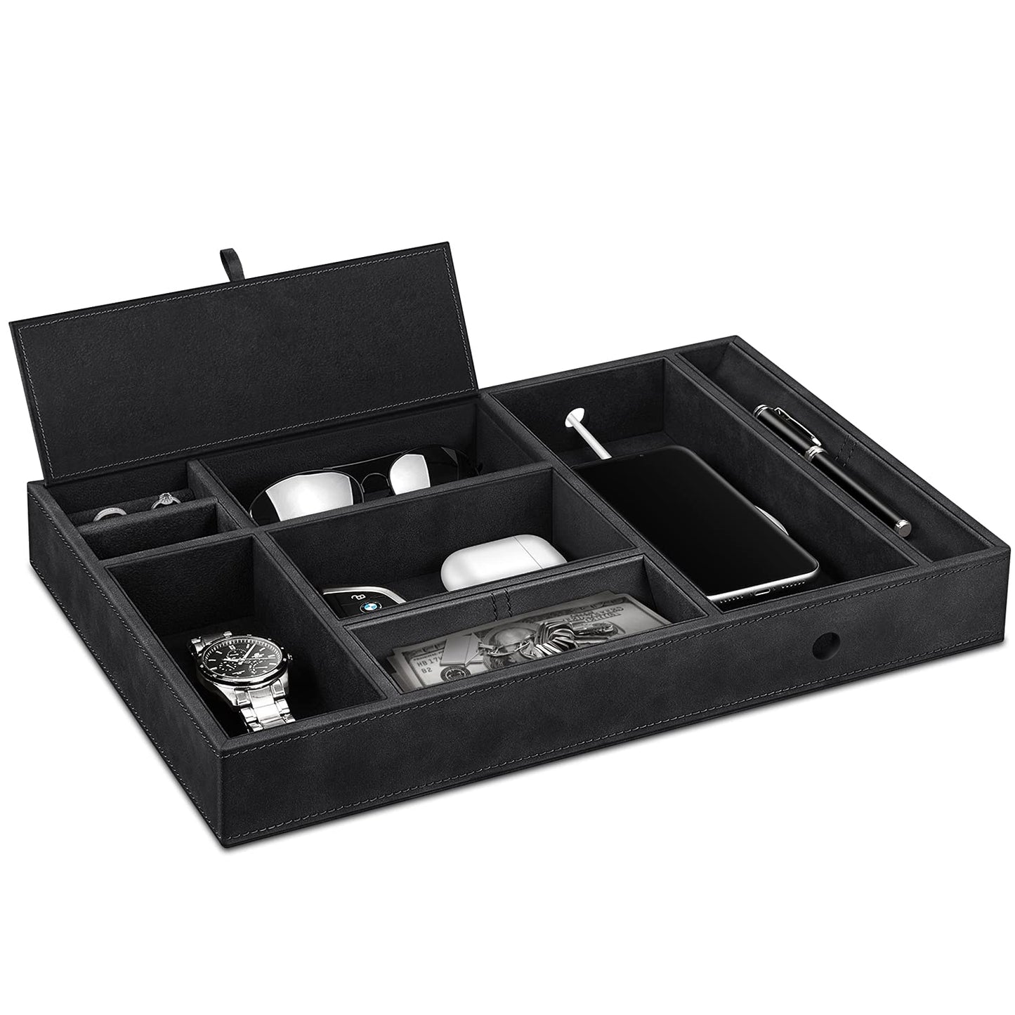 SITHON pocket emptier table organizer, 8 compartments tray organizer storage box faux leather nightstand cosmetic tray nightstand coin box key jewelry organizer, (Black)