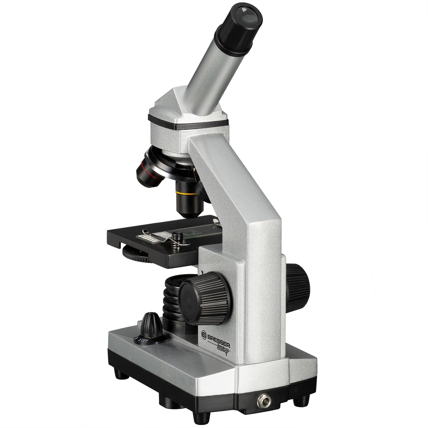 Bresser Junior Microscope Set 40x-1024x with USB camera and bright LED illumination for transmitted light observations, includes comprehensive accessory package and sturdy hard-shell case.