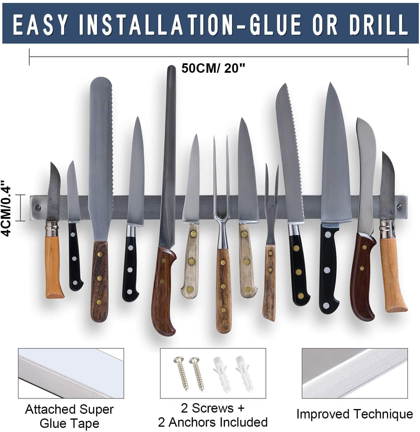 Improved 50cm Magnetic Knife Strip, Extra Strong Stainless Steel Magnetic Knife Holder, Wall-Mounted Magnetic Strip, Easy Self-Adhesive Installation, Magnetic Knife Holder for Organized Kitchen.