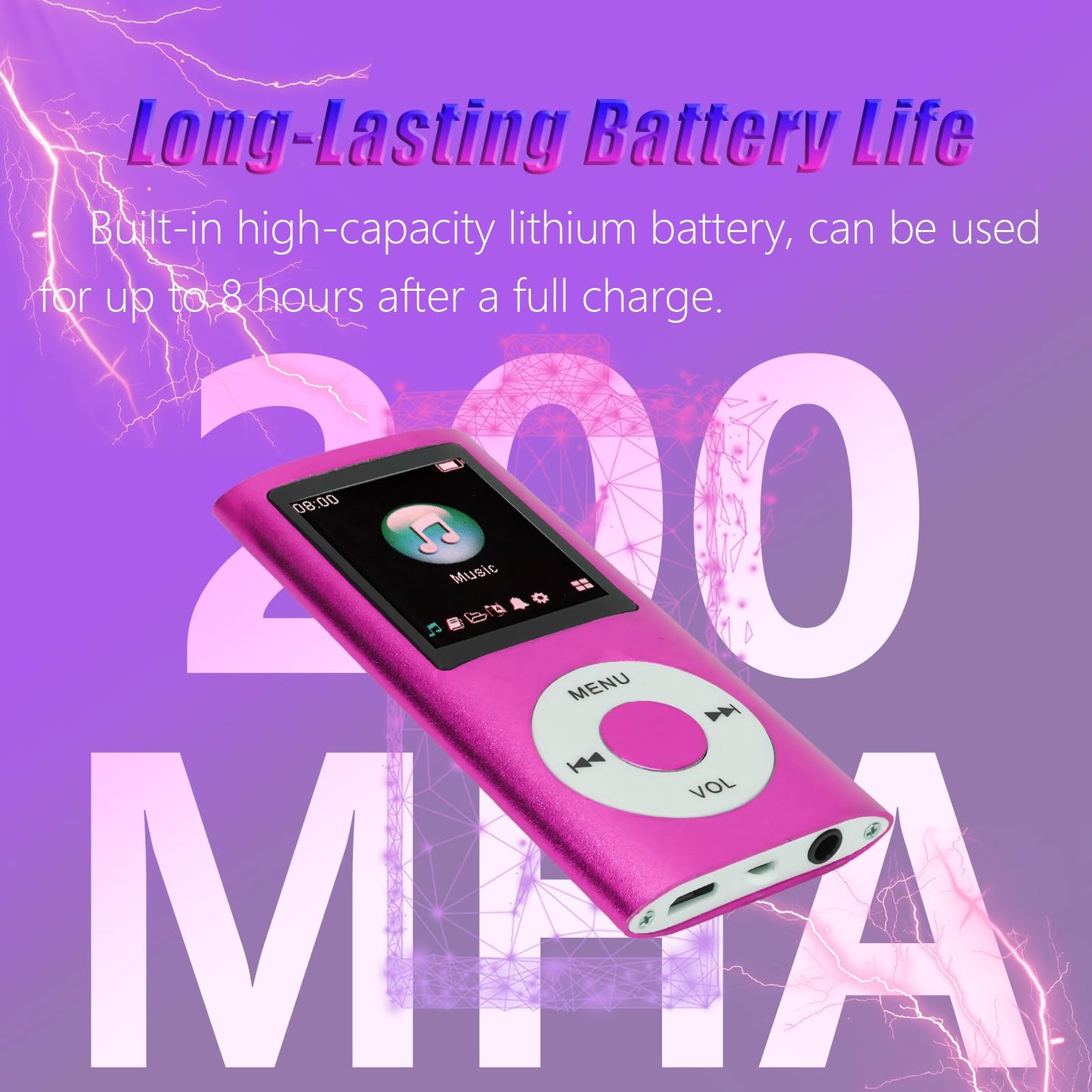 Bluetooth MP3 player with integrated HD speaker, 1.8-inch LCD screen, HiFi sound, headphones included, supports up to 64GB.