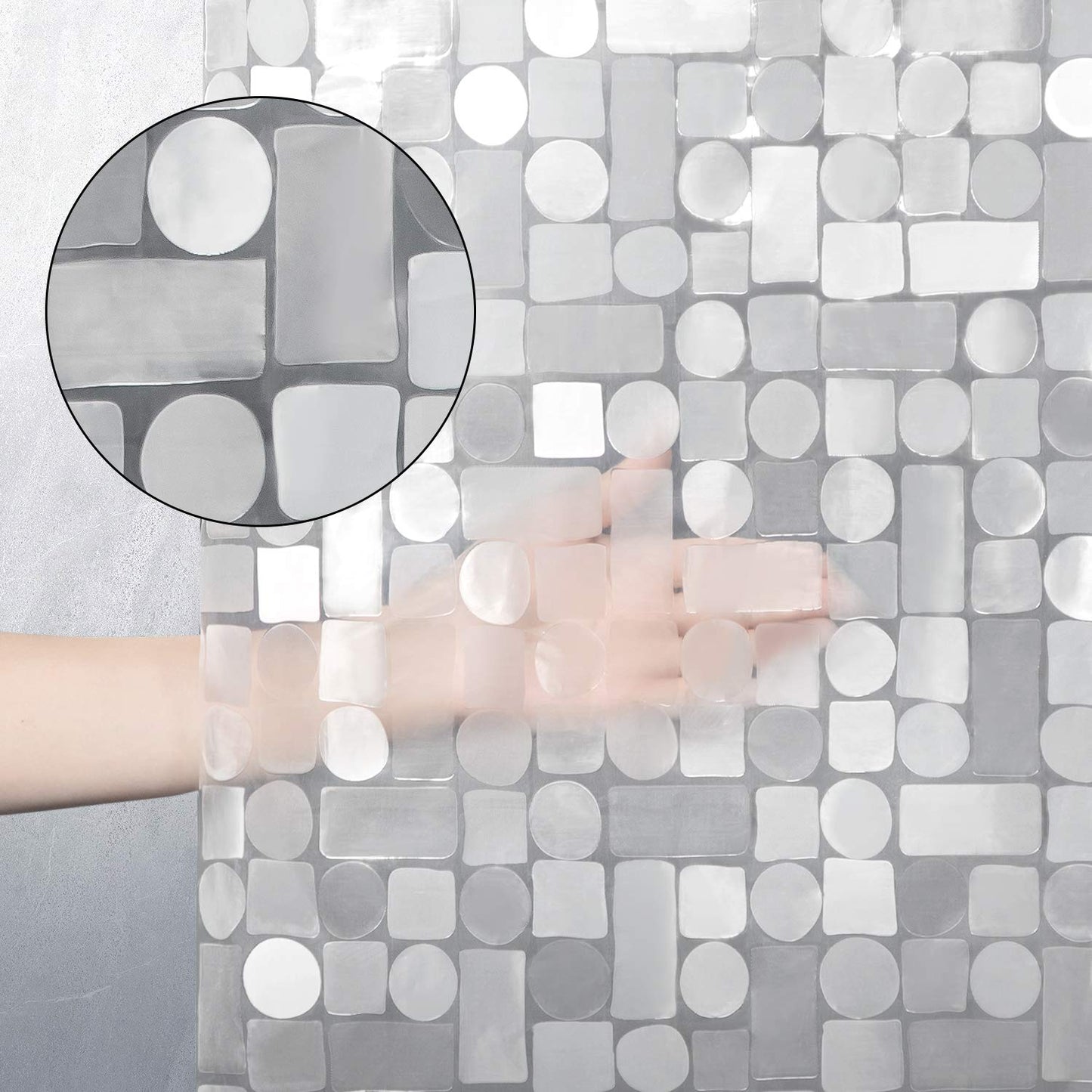 WELTRXE shower curtain with bottom weight magnets, transparent geometric design, made of waterproof and antibacterial Eva material. Size: 183*200cm, comes with 12 curtain rings. Ideal for shower and bathtub.