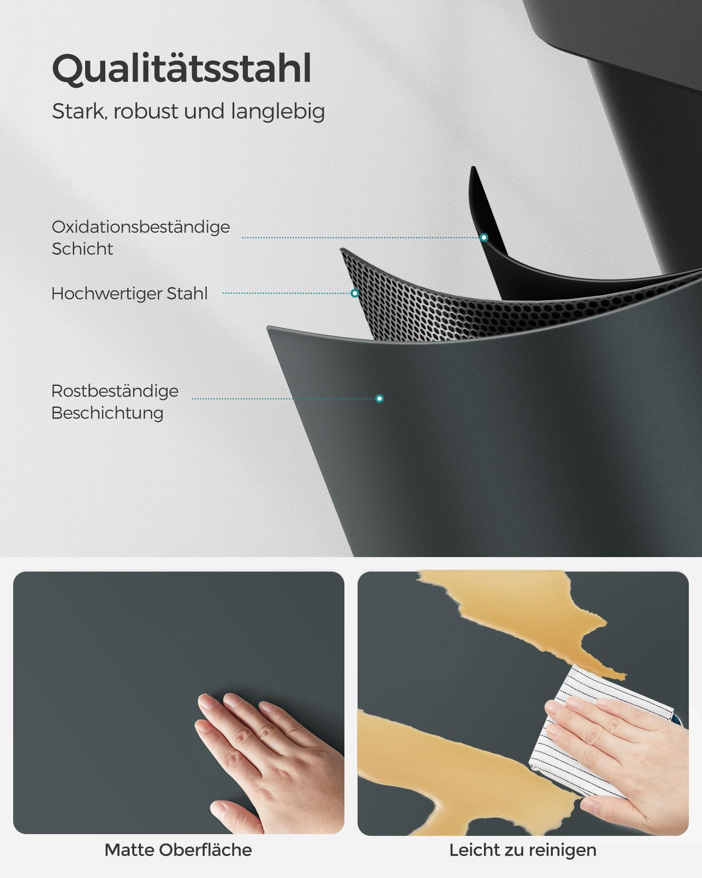 SONGMICS Kitchen Trash Can, Waste Separation System 3 Compartments, Garbage Bin, 45 Liter Metal Step Trash Can, 3 x 15 Liter, Step Trash Can with Lid, Steel, Green Grey-Ink Black LTB45G