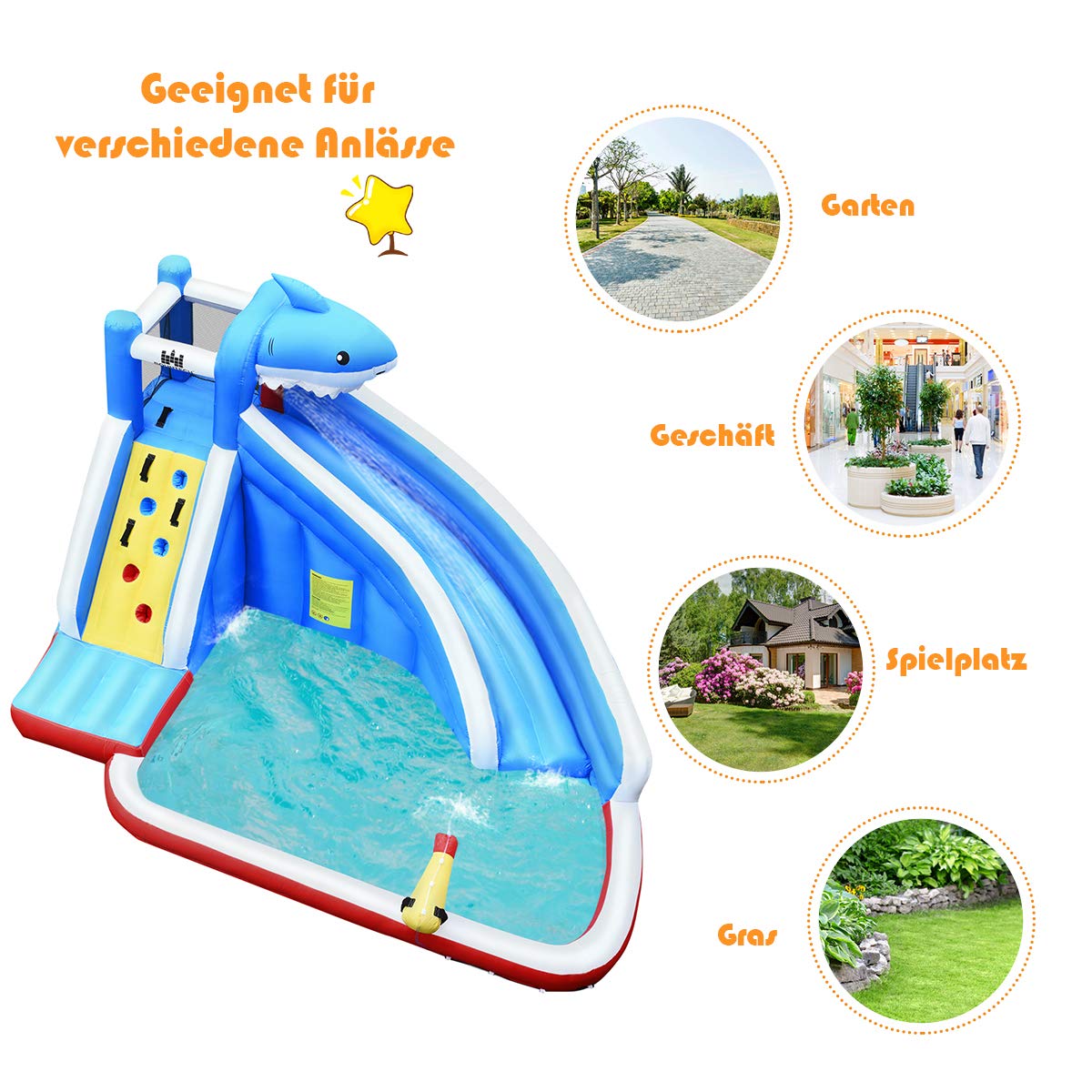 COSTWAY Inflatable Bounce House Water Slide Spray Pool, Water Play Center with Slide, Inflatable Water Park, Splash Pool 390x305x240cm