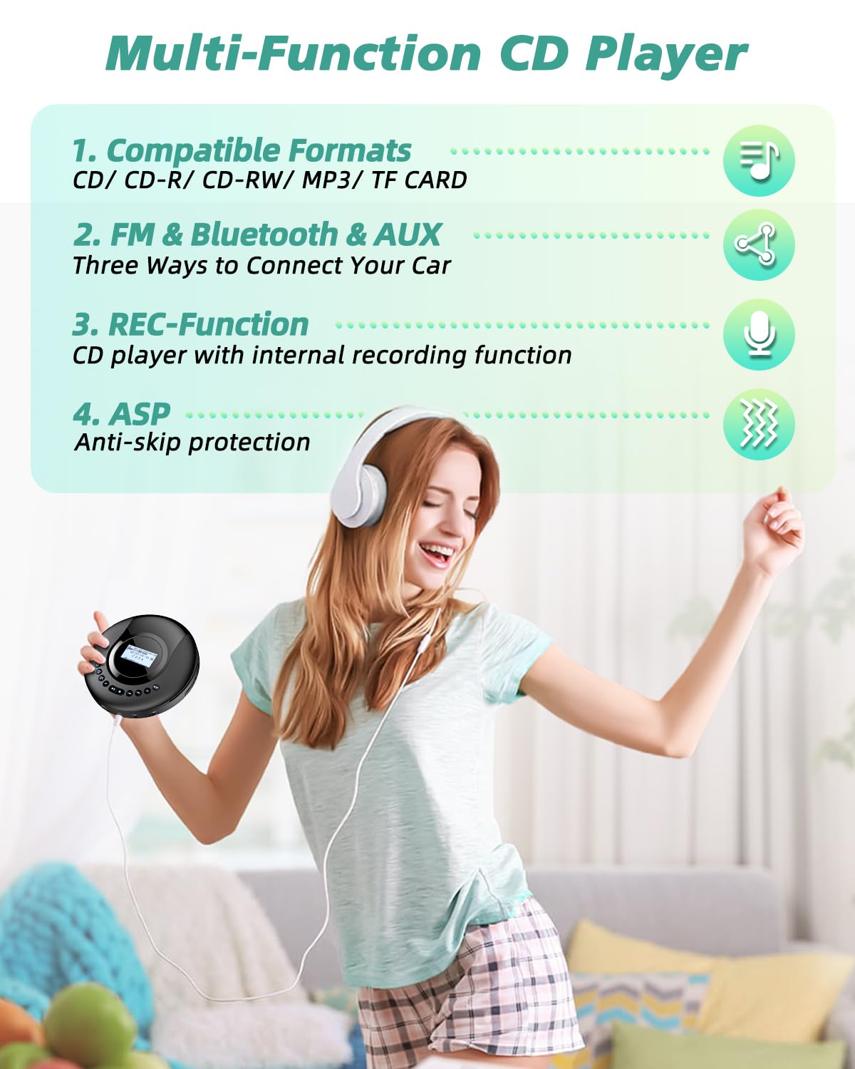 Arafuna Portable CD Player with DAB+/FM Radio, CD Player Bluetooth with Audiobook function, Discman for car, Anti-shock, built-in 2000mAH battery.