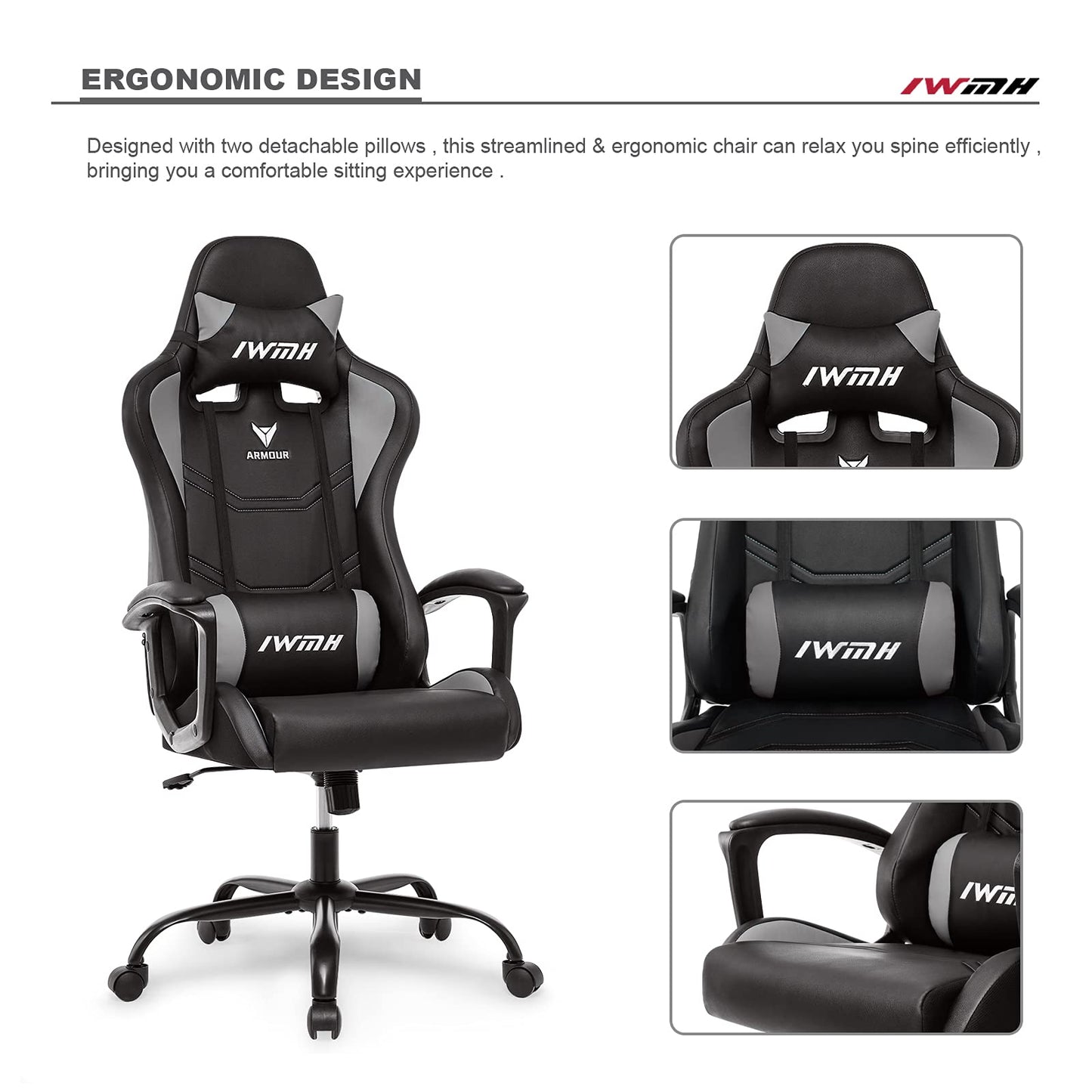 IWMH Gaming Chair, Ergonomic Computer Chair with High Backrest, Height Adjustable Swivel Chair, Racing Chair with Armrests, Adjustable Headrest and Lumbar Support (Gray)