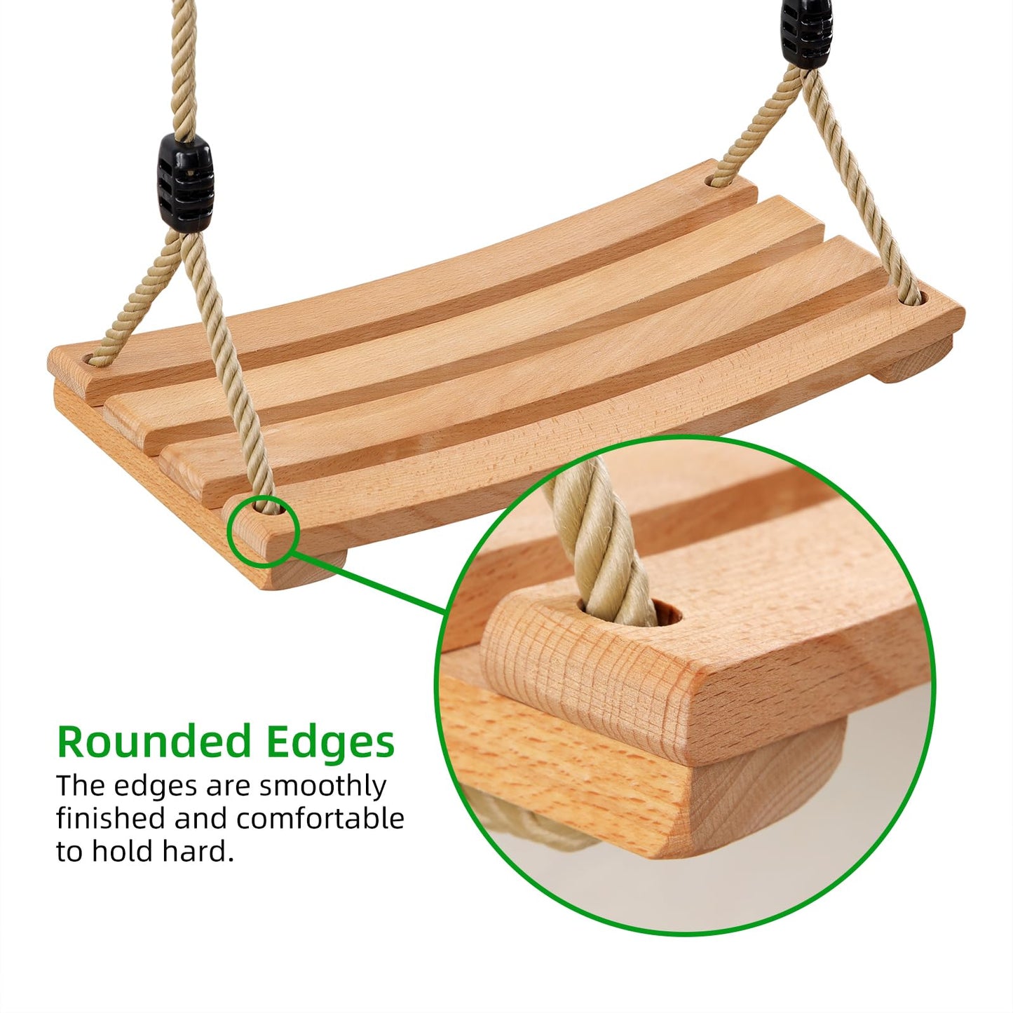 An exercise wooden swing seat for adults and children, with adjustable rope up to 100kg, suitable for indoor and outdoor use.