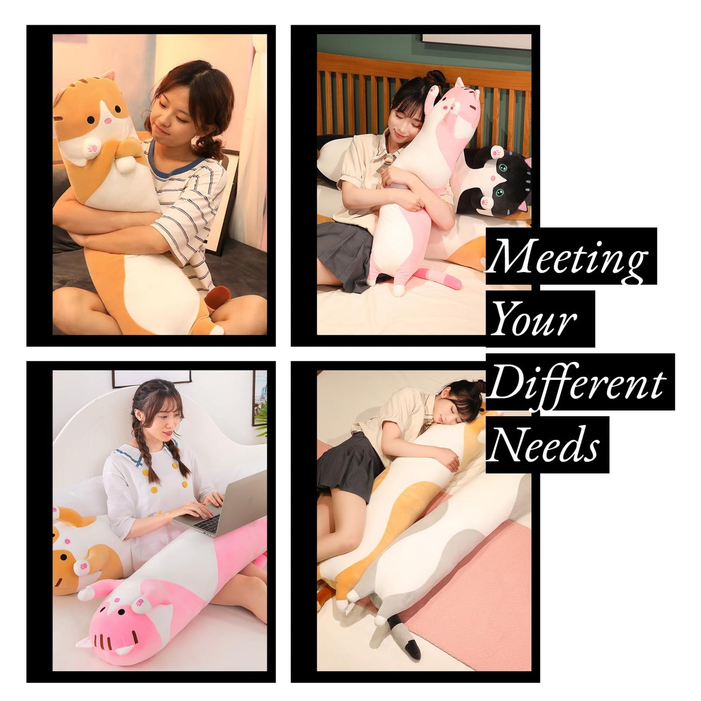Aiuidun Long Cat Plush Toy Stuffed Animals Cat Plush Pillow Cute Kitten Plush Toy Sleep Pillow, Soft Long Cat Cuddle Pillow Gift for Kids Girlfriend (110cm/43.3inch, Yellow)