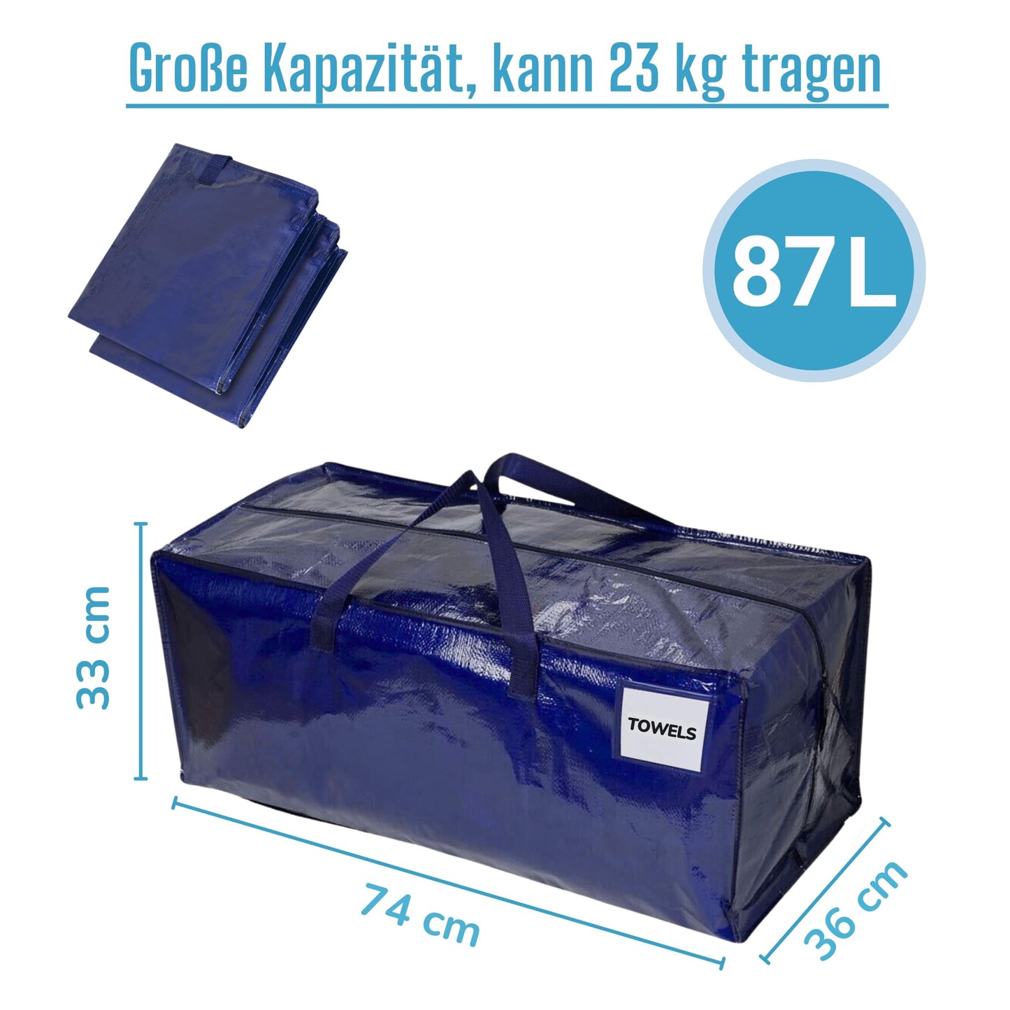 VENO 87-liter extra large moving bags with backpack straps, moving helpers, sturdy handles and zippers, clothes storage, laundry bags, reusable and sustainable (Blue, 10-pack)