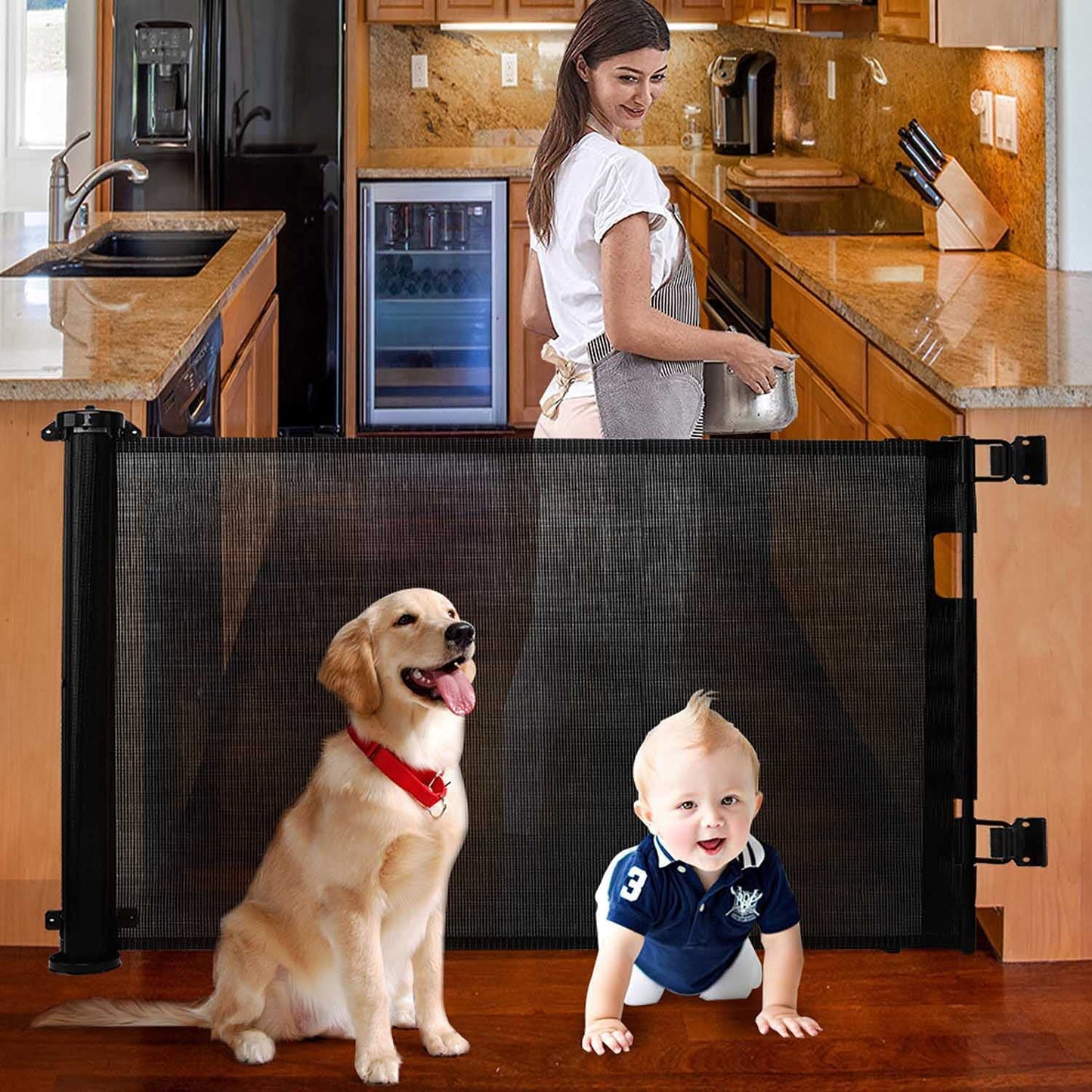 Stair gate Door gate Retractable 0-150 cm,Baby safety gate Stair guard for children,Cats and dogs,Suitable for indoor outdoor use (Black-150CM)