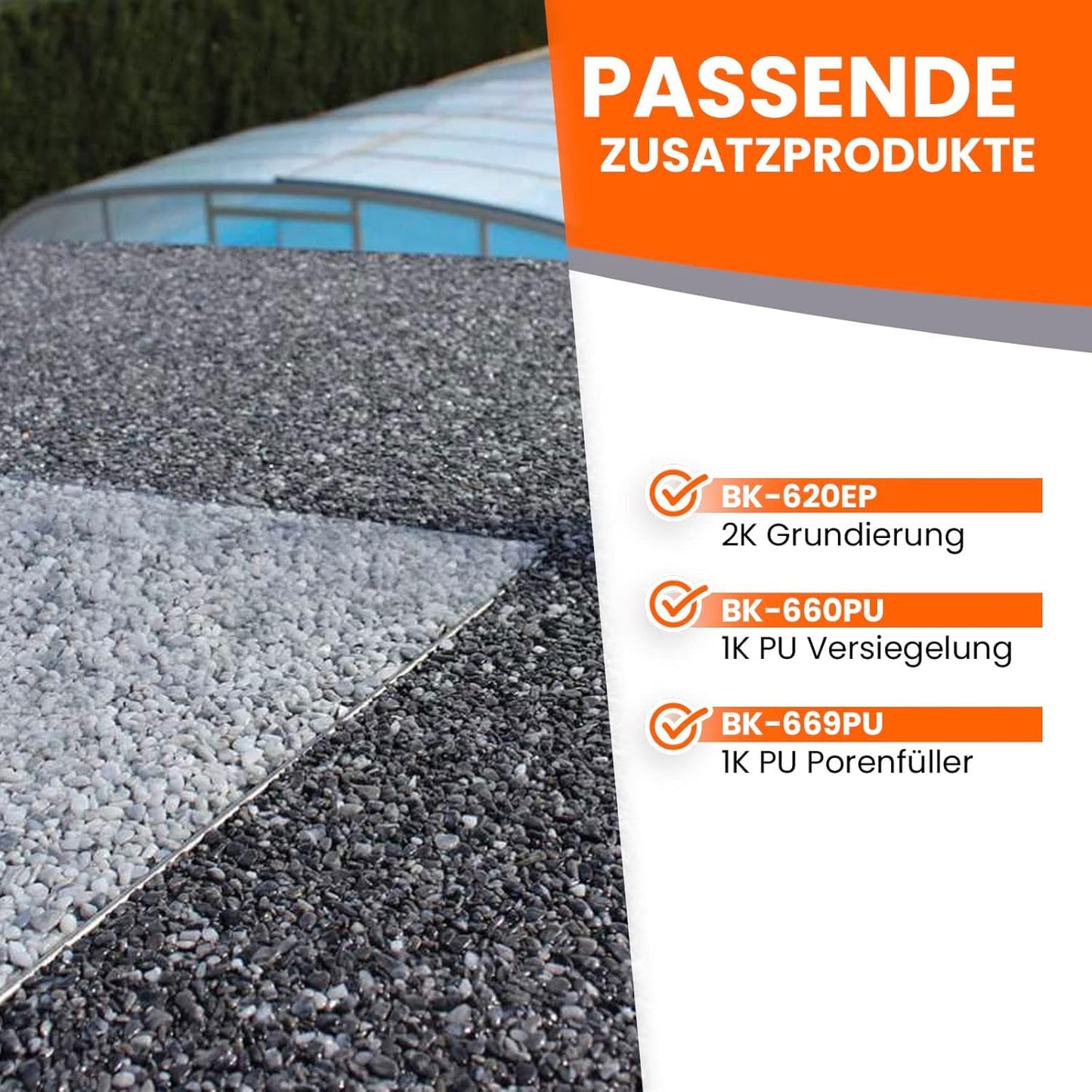Stone carpet outdoor up to 2.5sqm - 25kg marble chippings in Botticino + 1K PU adhesive binder 1kg - Weatherproof, UV-resistant, water-repellent, heat-resistant, cold-resistant - BEKATEQ BK-605PU
