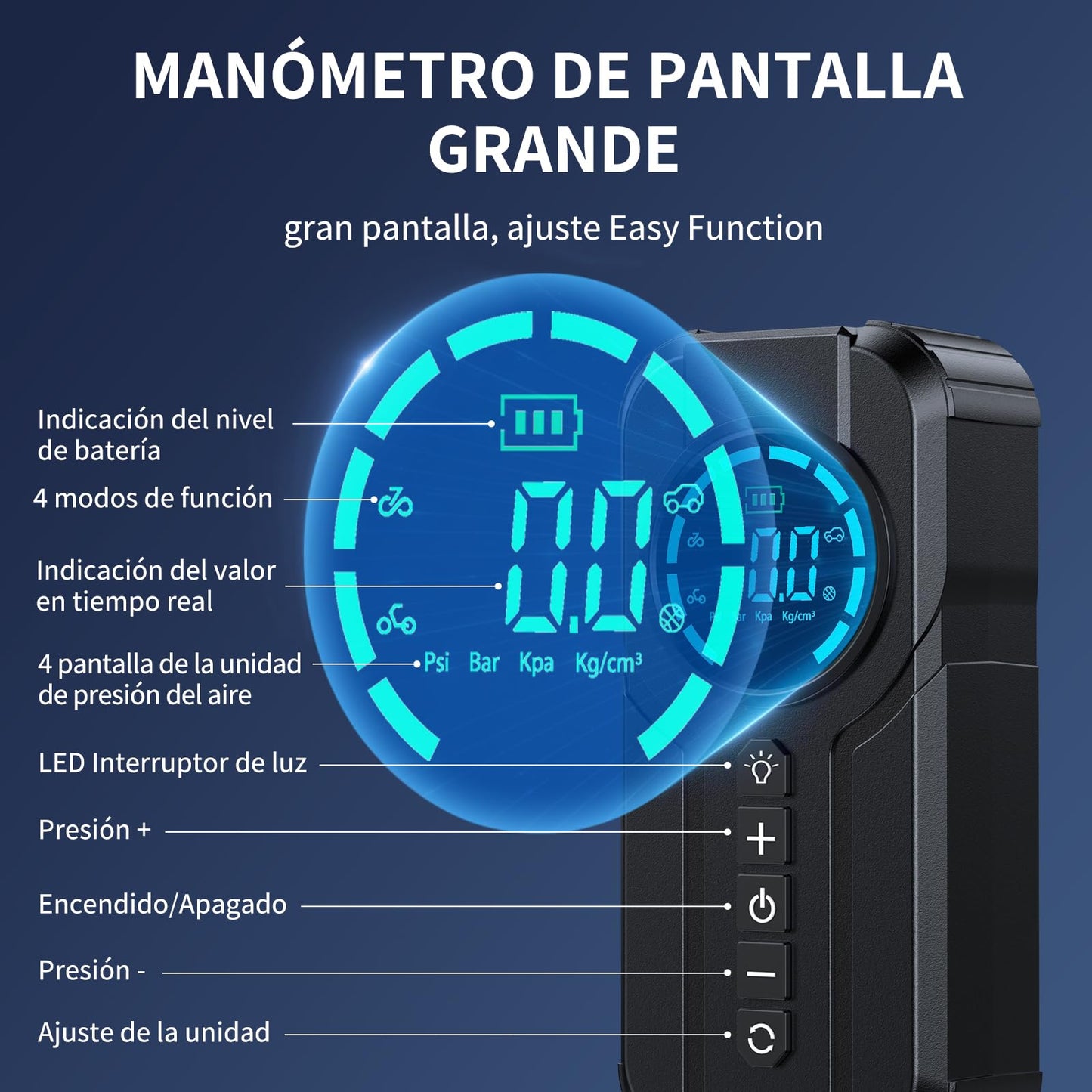 Portable air compressor 150PSI electric compressor, mini tire pump with digital LED display, 4 nozzle adapters, 12V rechargeable electric compressor for car, motorcycle, bike, balls.