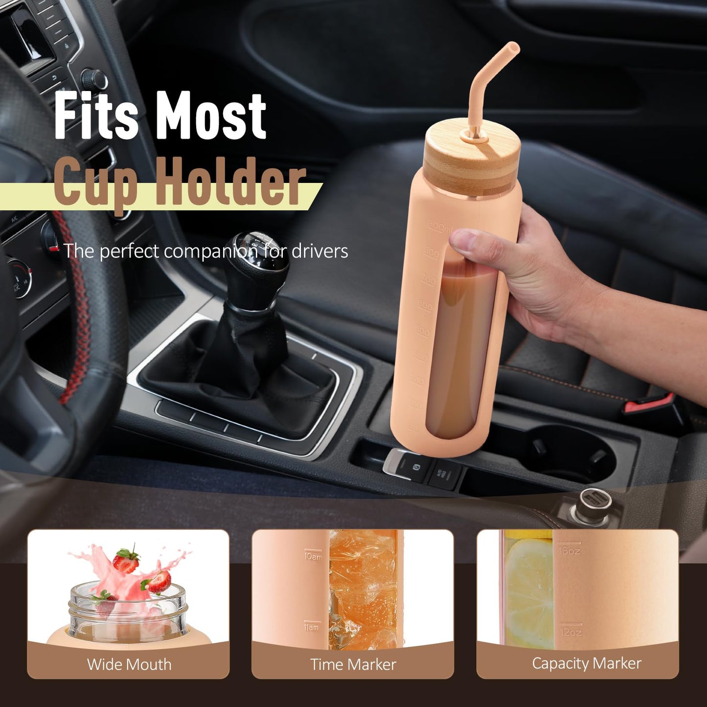 BLUEGO 900ml glass water bottle with straw and 2 lids Glass coffee cup with time markings and silicone sleeve Glass cup for drinks, soda, cola BPA-free, Amber