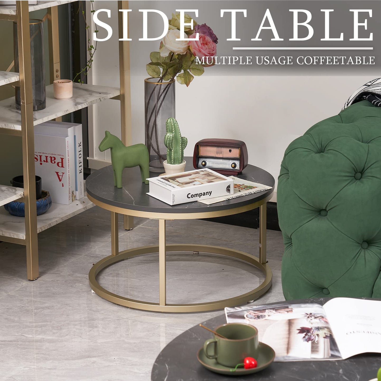 Soayone Round Coffee Table Set of 2, Black Marble Coffee Table with Gold Metal Frame, Round Side Table, Modern Living Room Table, Nesting Tables for Living Room Bedroom Balcony